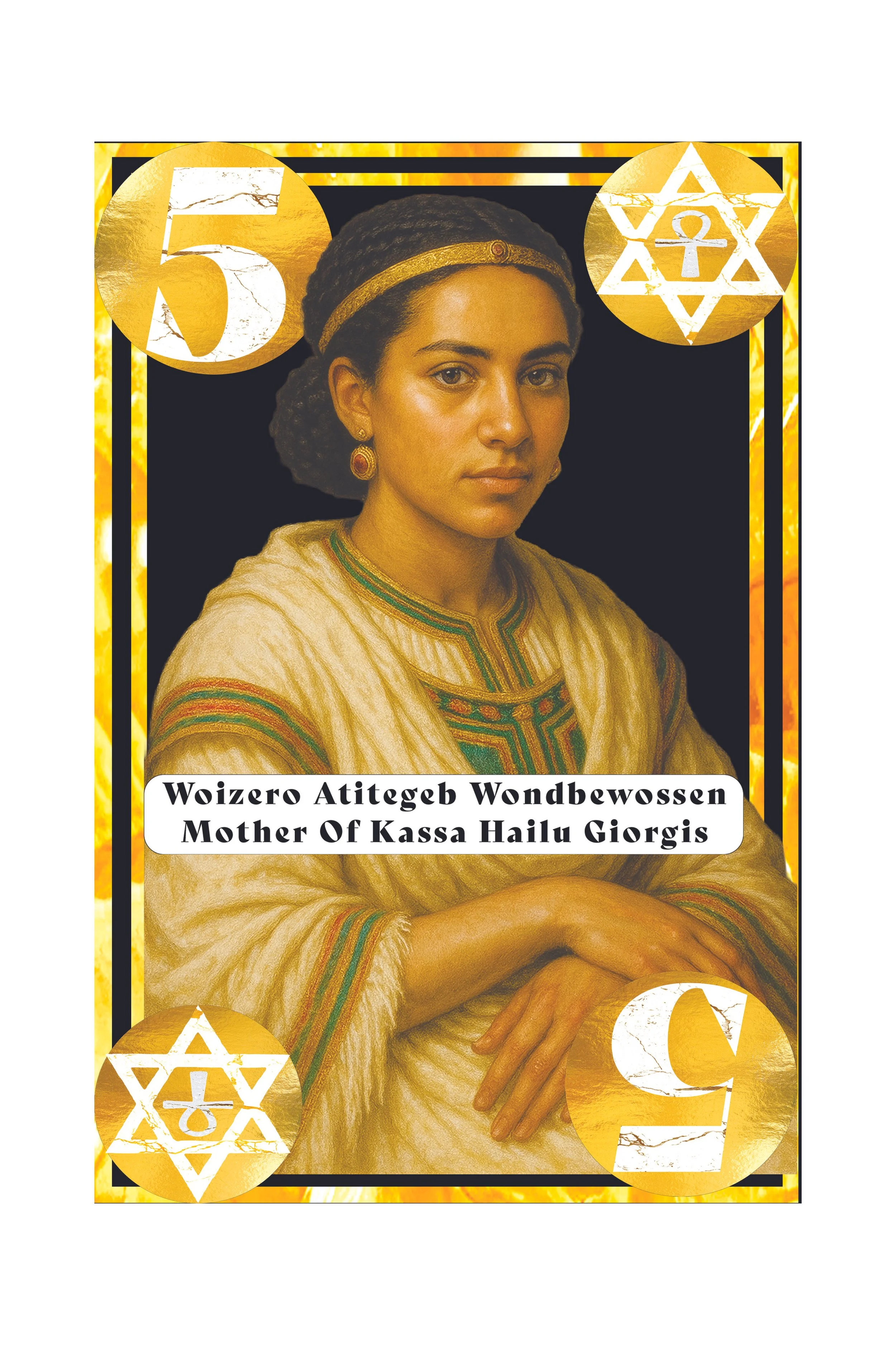 A portrait of a woman with braided hair, wearing gold earrings and traditional clothing, with gold symbols and numbers around her in a digital design.