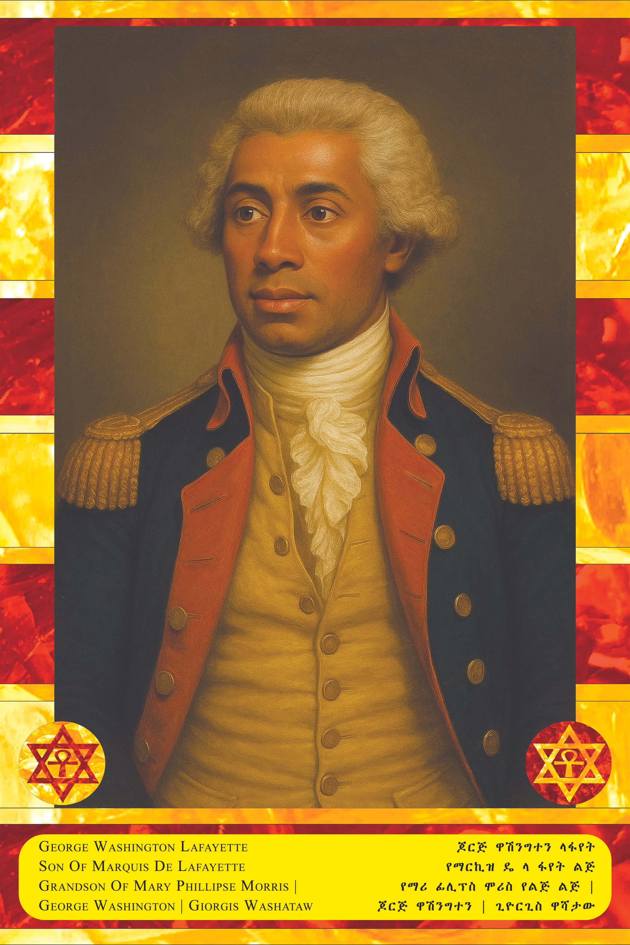 Portrait of George Washington Lafayette, son of Marquis de Lafayette, dressed in historic military uniform with gold epaulets, standing against a plain background. The image is bordered by a frame with fiery colors and symbols, and includes text in E