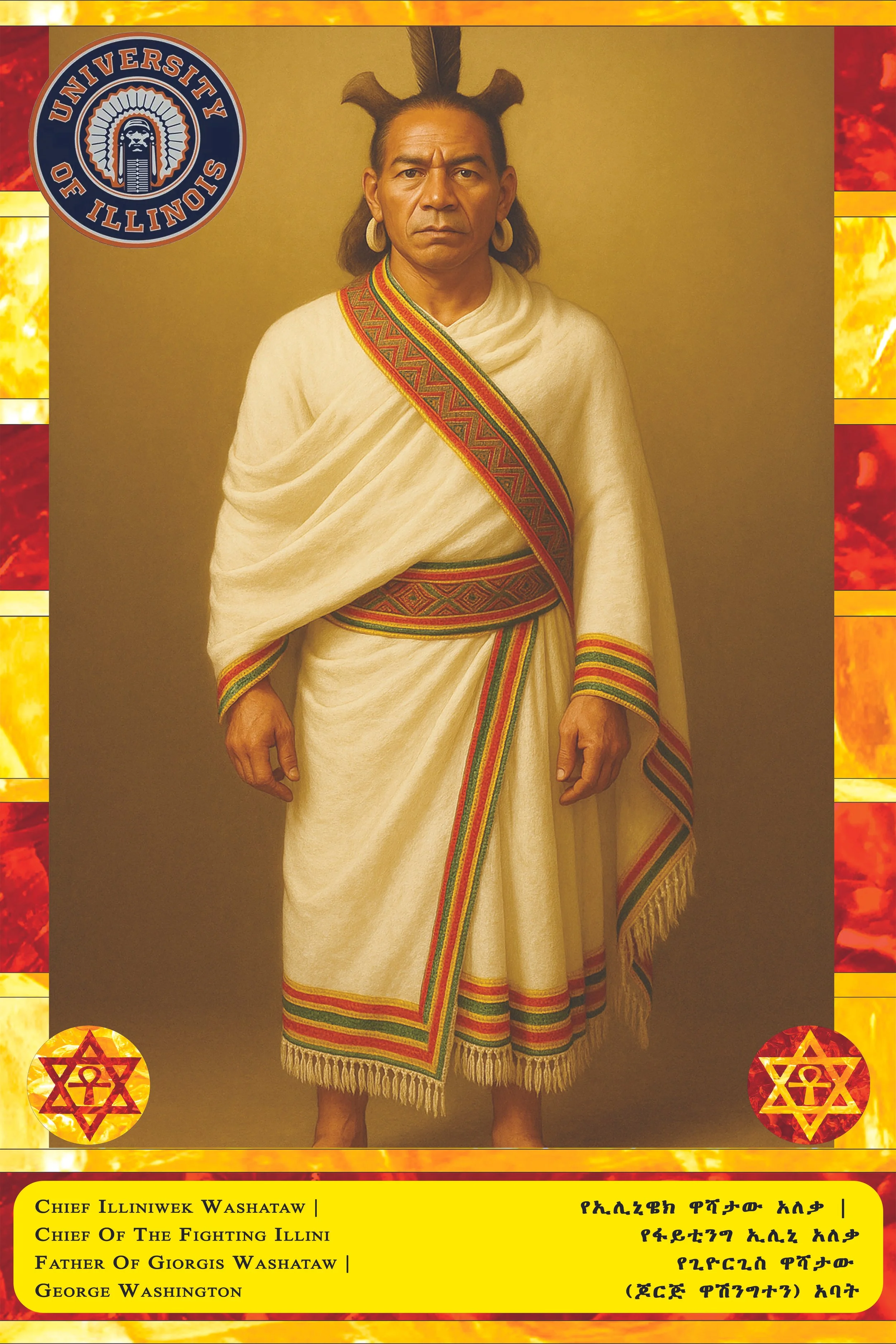 Portrait of George Washington in traditional Native American attire, with a solemn expression, wearing a cream-colored garment with red, yellow, and green embroidered trim, and large earrings. The background is plain, and the top left corner features