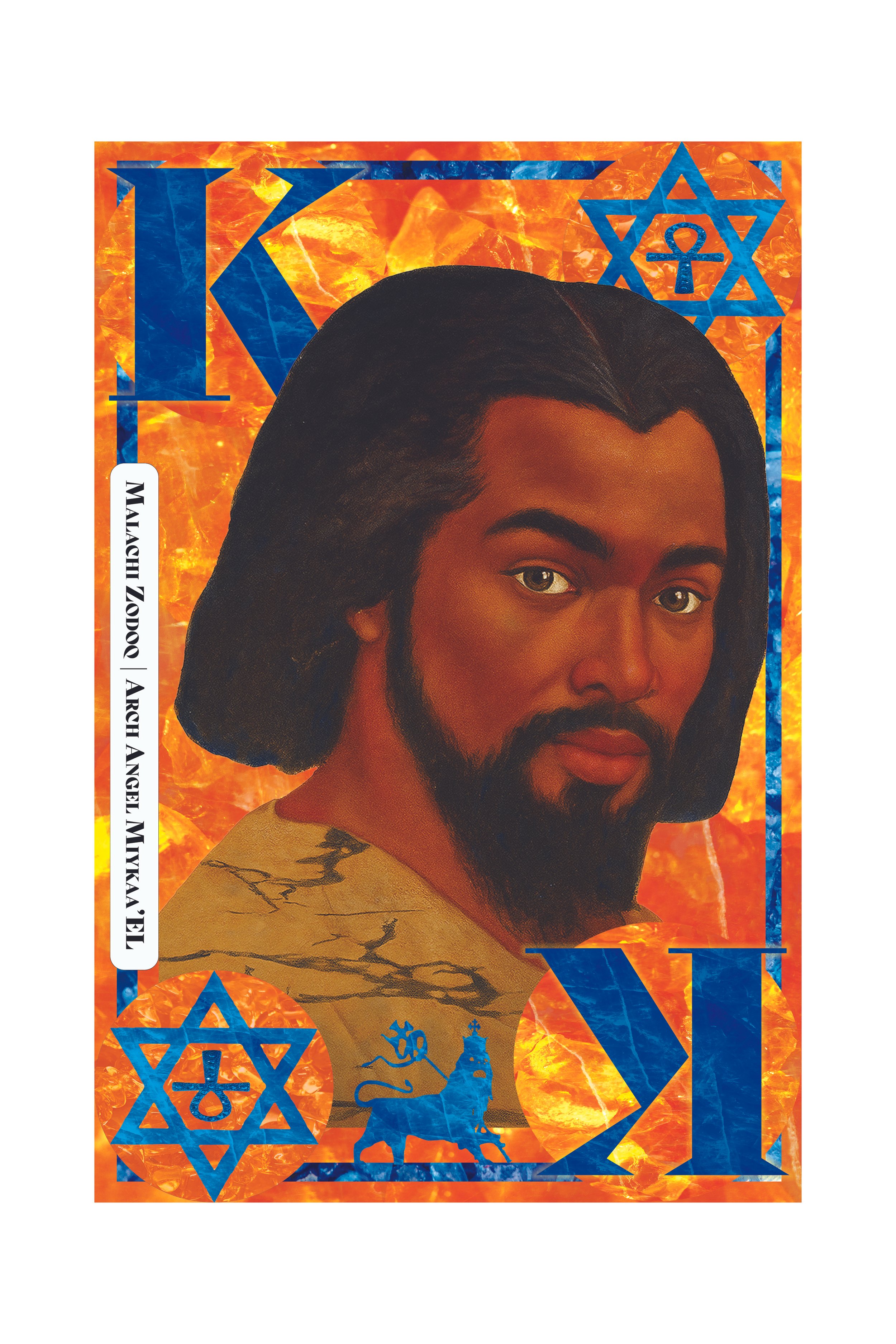 Colorful illustration resembling a banknote featuring a portrait of a man with dark hair, a beard, and tattoos on his shoulder, surrounded by celestial and geometric designs in blue and orange.