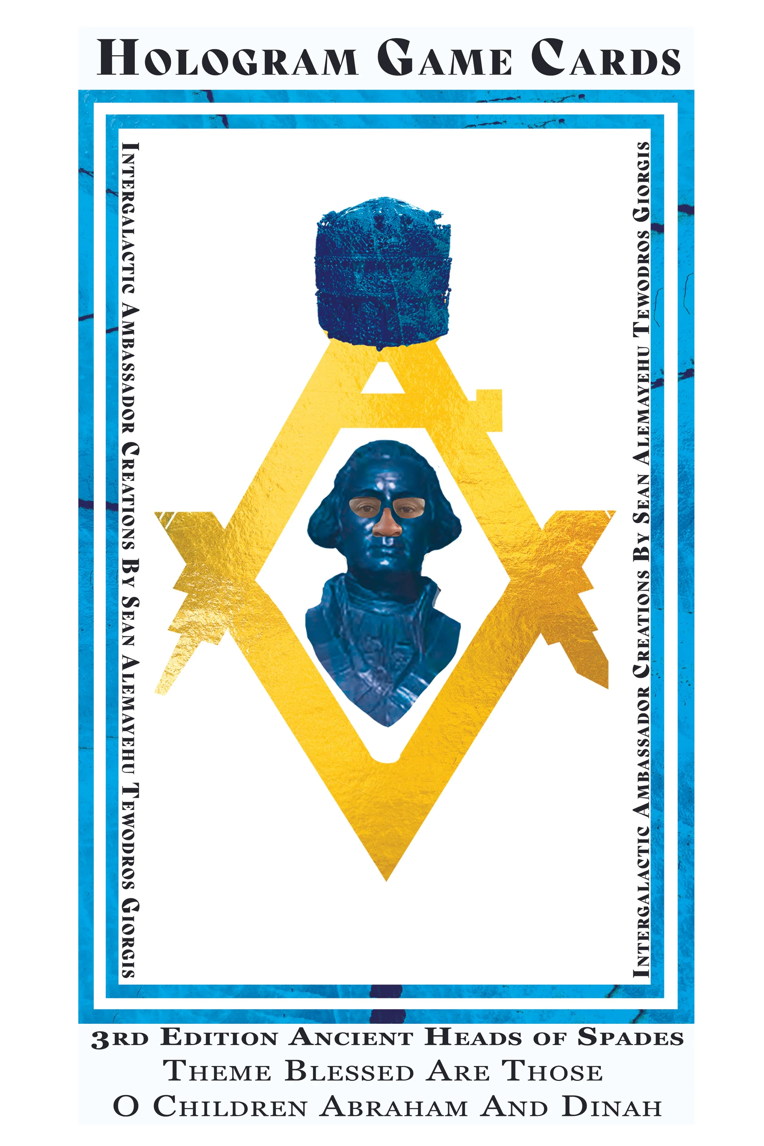 Cover of a card game titled 'Hologram Game Cards' featuring a blue bust of a man with glasses and curly hair, and a large yellow letter 'A' with a blue hologram cube at the top center.