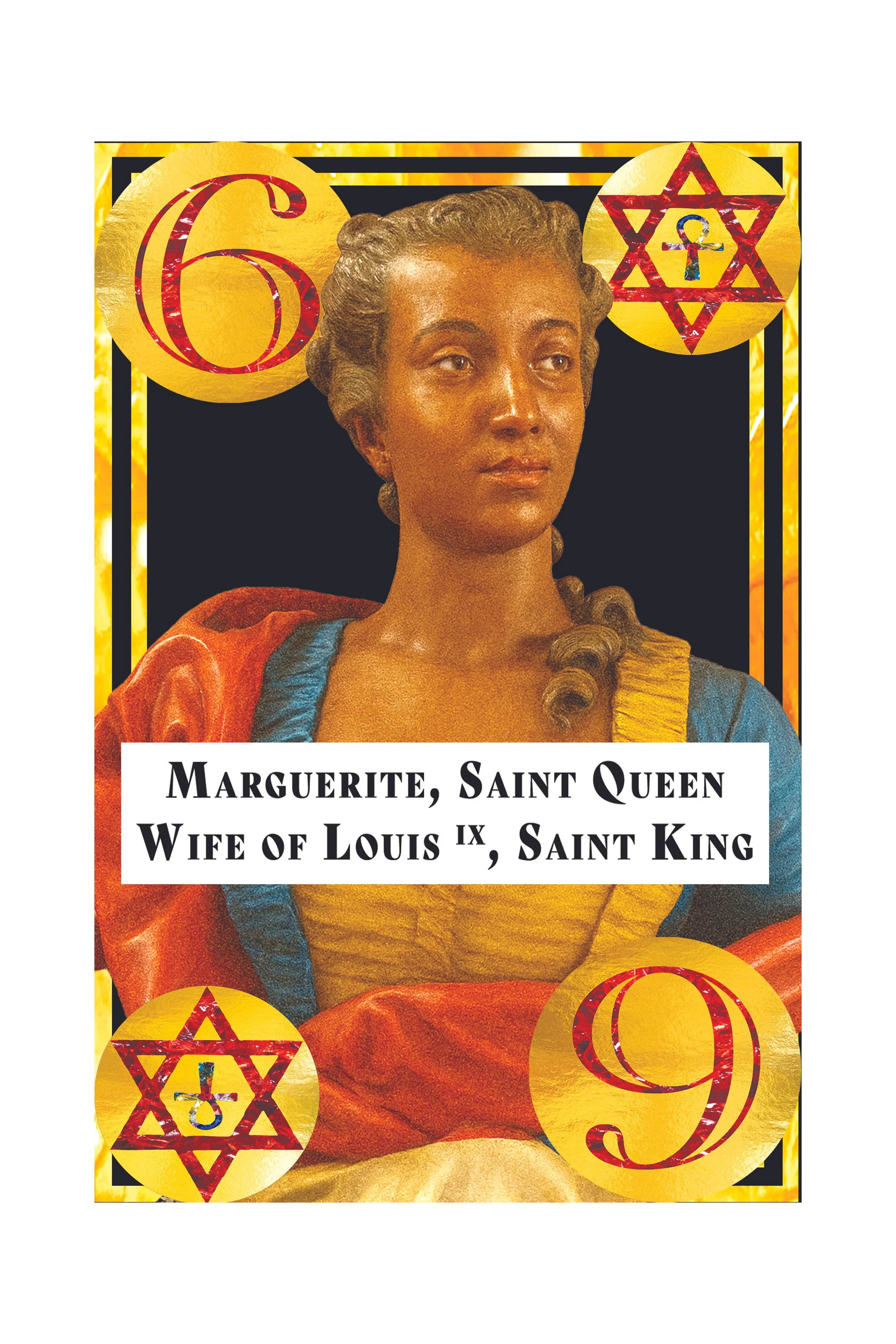 Artwork of Marguerite, Saint Queen, wife of Louis IX, Saint King, with a portrait of her and various symbols and decorative elements.