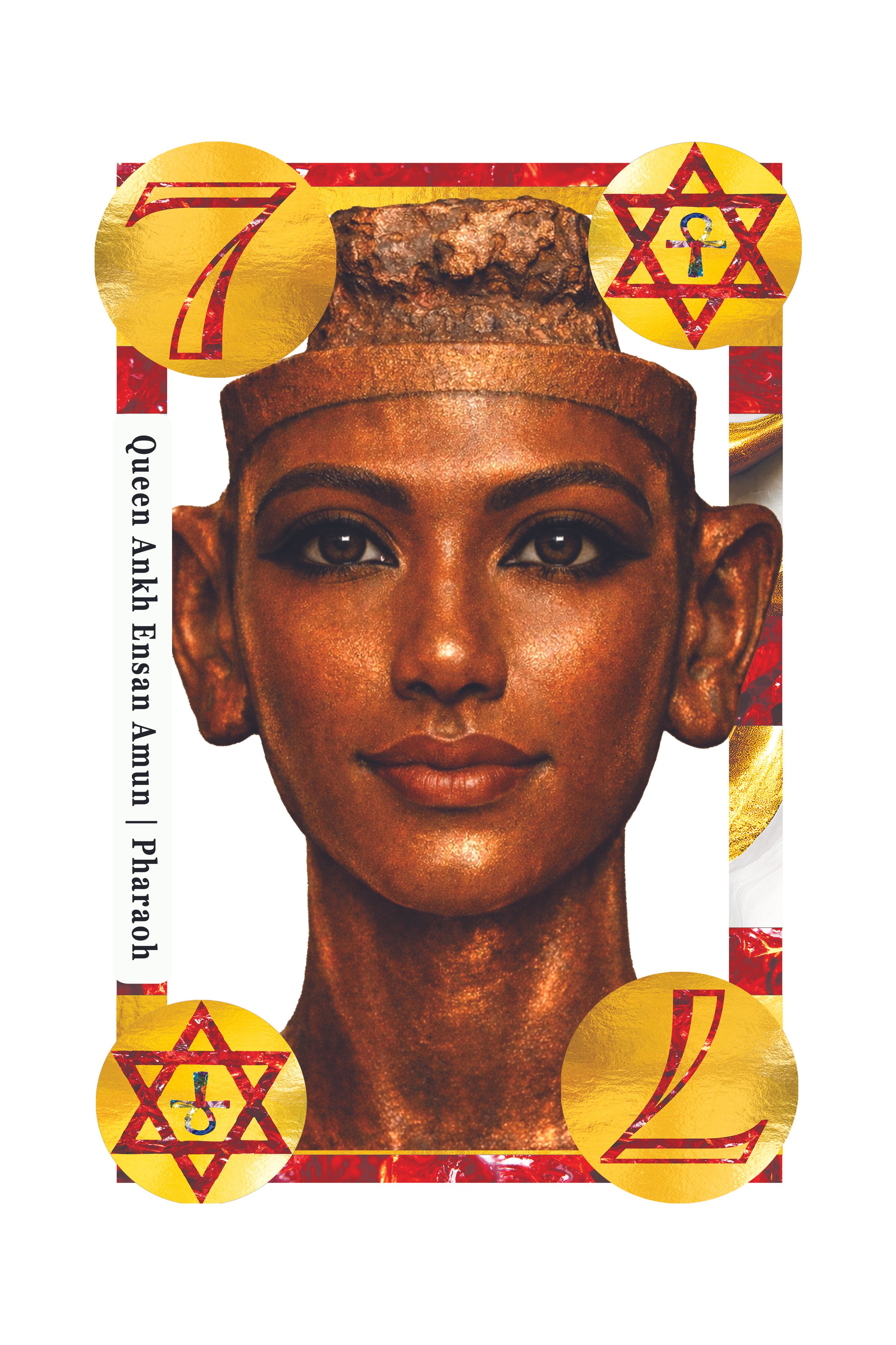 A stylized image of Queen Akhah Ensem, with decorative gold and red patterns and the number 7 and 2.