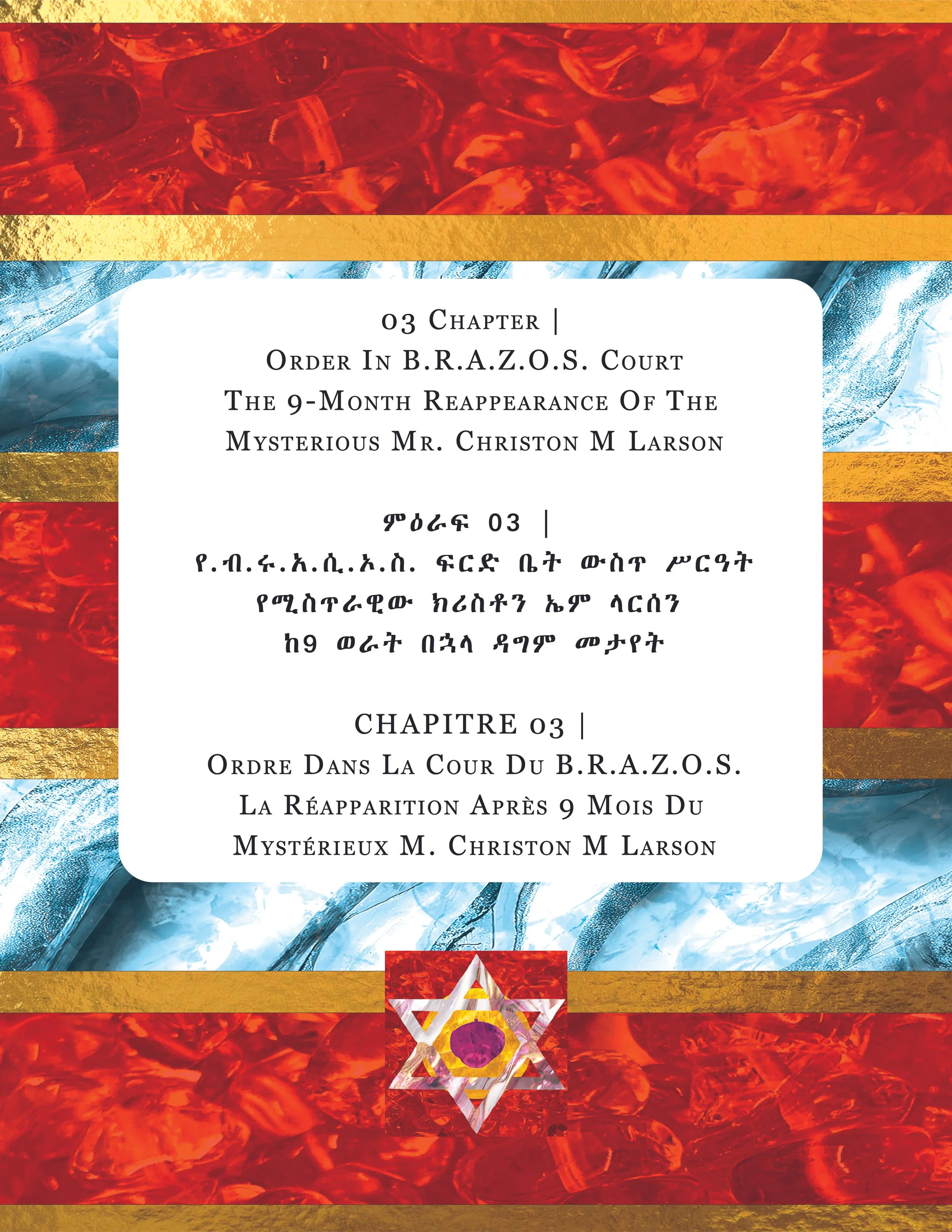 Page from a bilingual book showing text in English and Amharic about a court case involving Mr. Christon M Larson, with decorative red, blue, and gold borders and patterns.