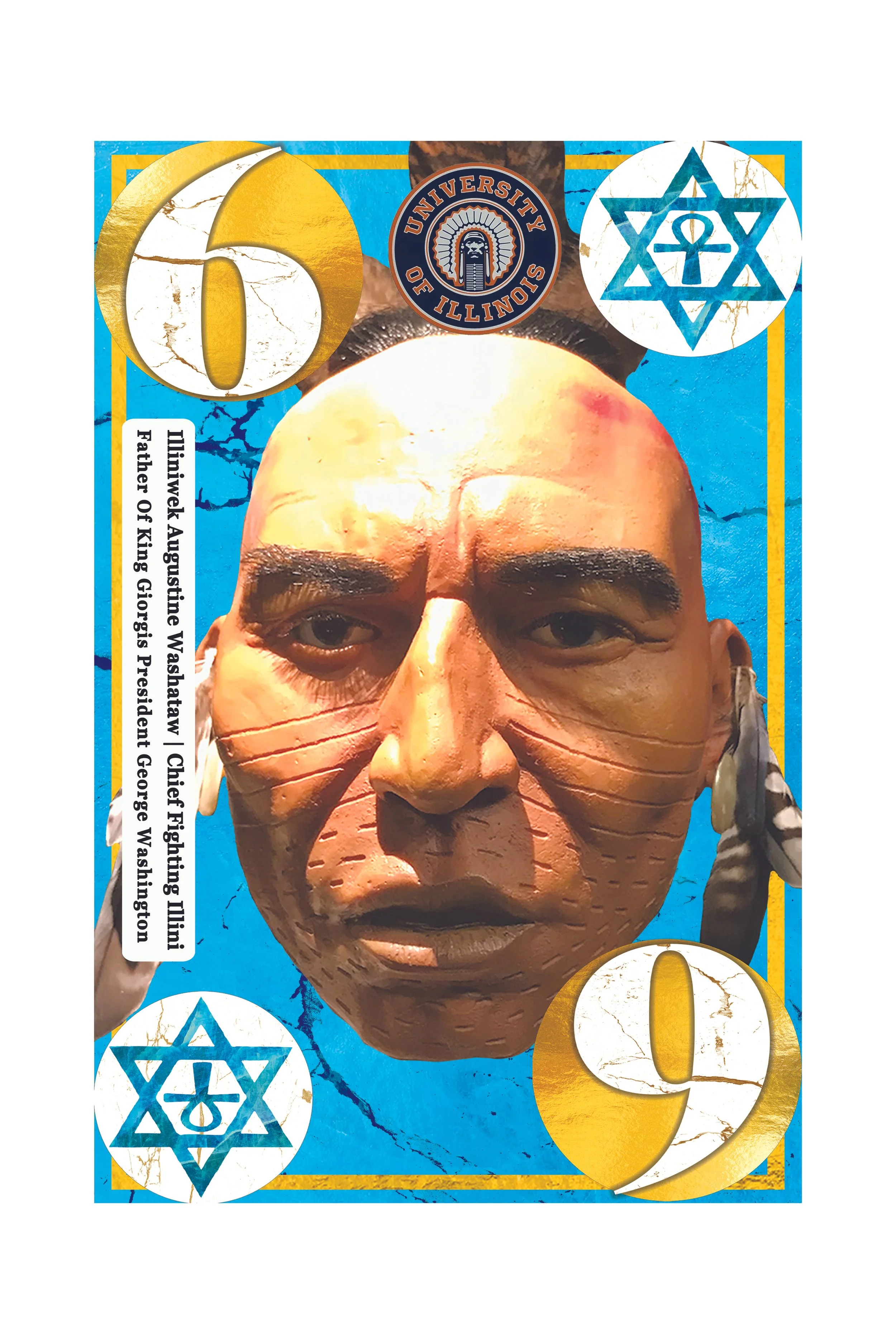 Close-up of a digitally illustrated election ballot featuring a Native American chief's face, the number 0, the University of Illinois logo, and a Jewish star of David with a menorah symbol in the center.