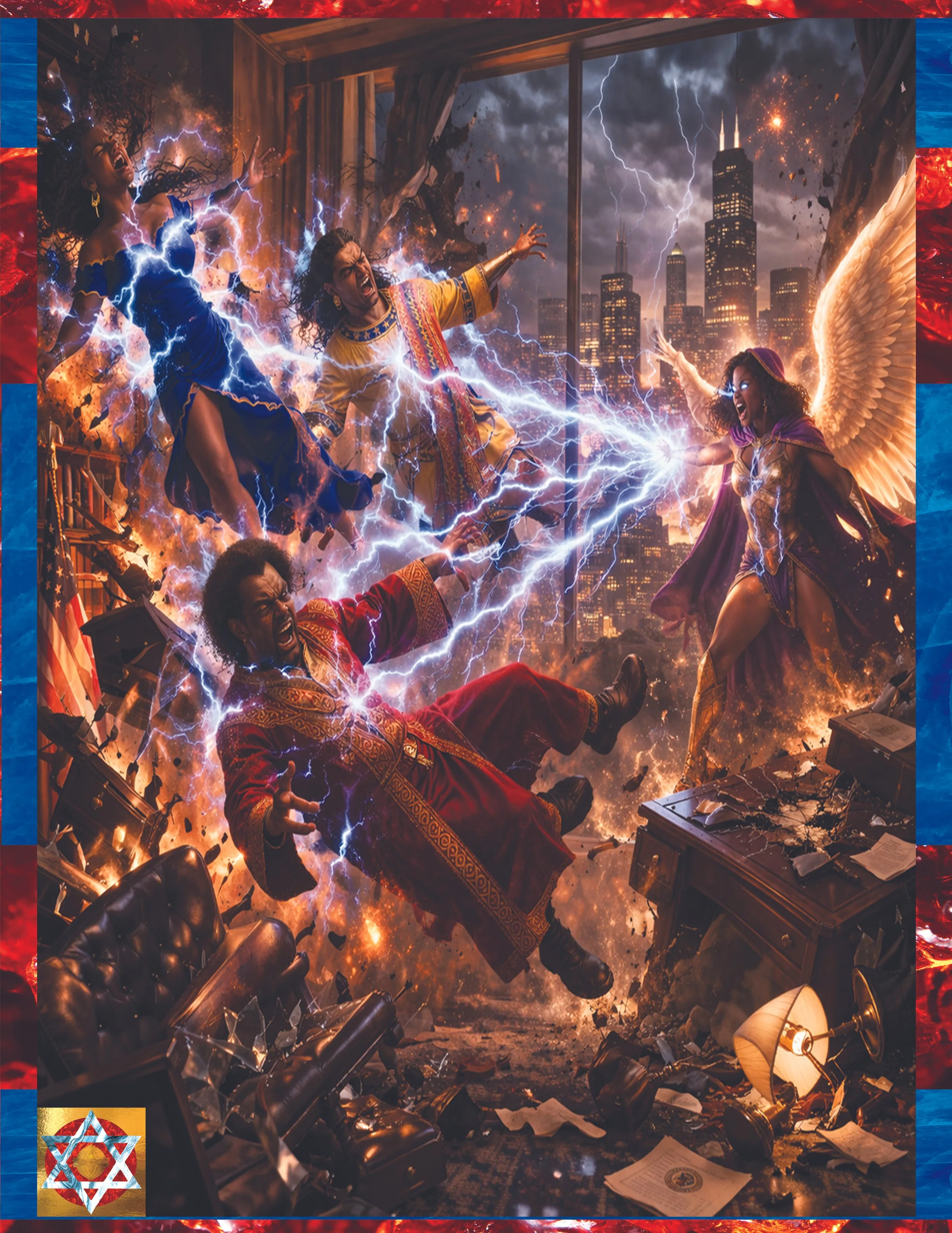 Scene of chaos and destruction during a thunderstorm, with lightning striking a city skyline visible through a broken window. Inside, two women with angelic wings and a man in traditional colorful clothing are depicted in a fierce confrontational mom