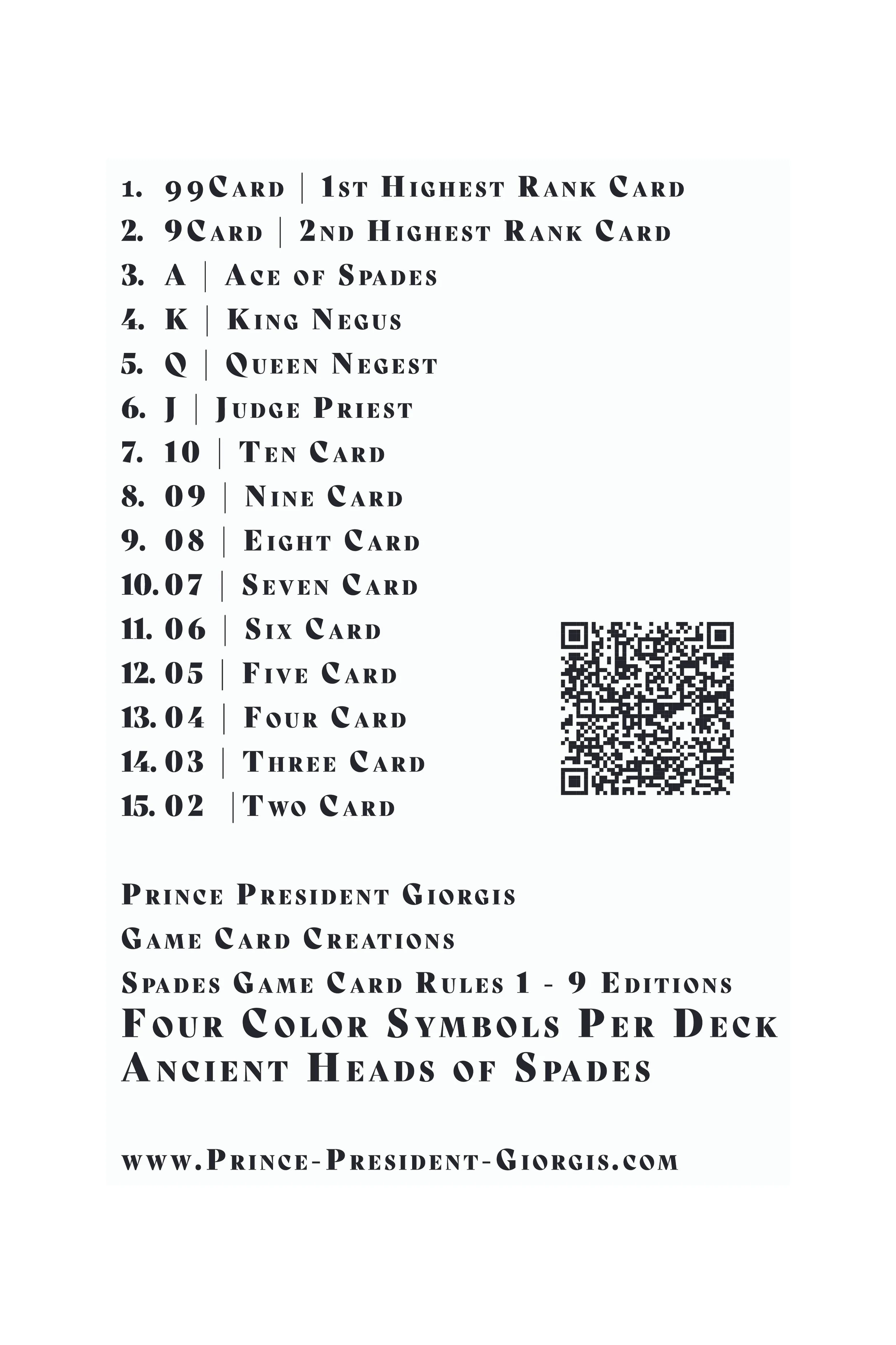 A list of playing cards with descriptions, a QR code, and text about game card rules and design elements for a Prince President Giorgis game.