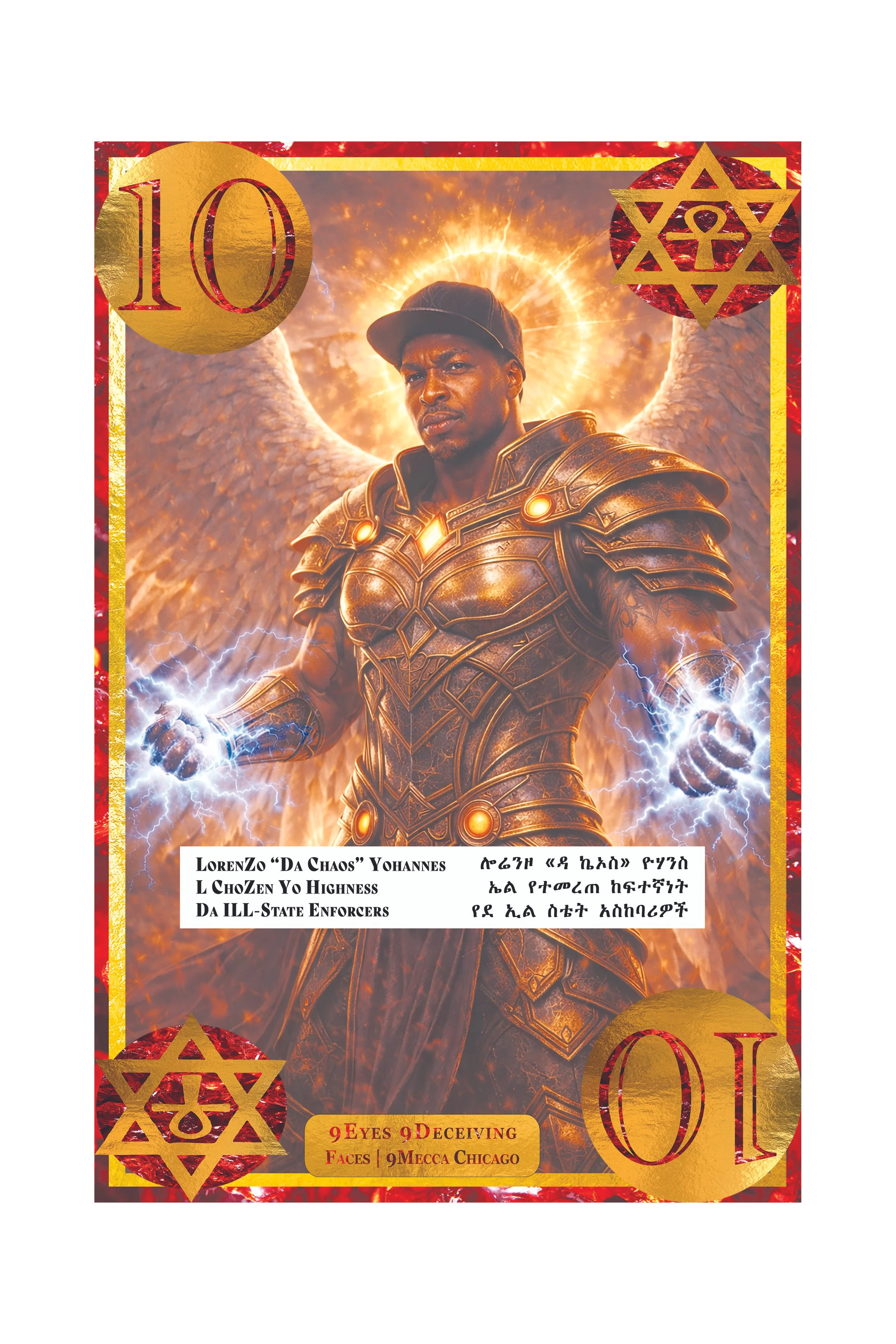 A fantasy-style digital illustration featuring a man in ornate armor with wings, lightning, and a fiery background, resembling a tarot card design with decorative elements and text.