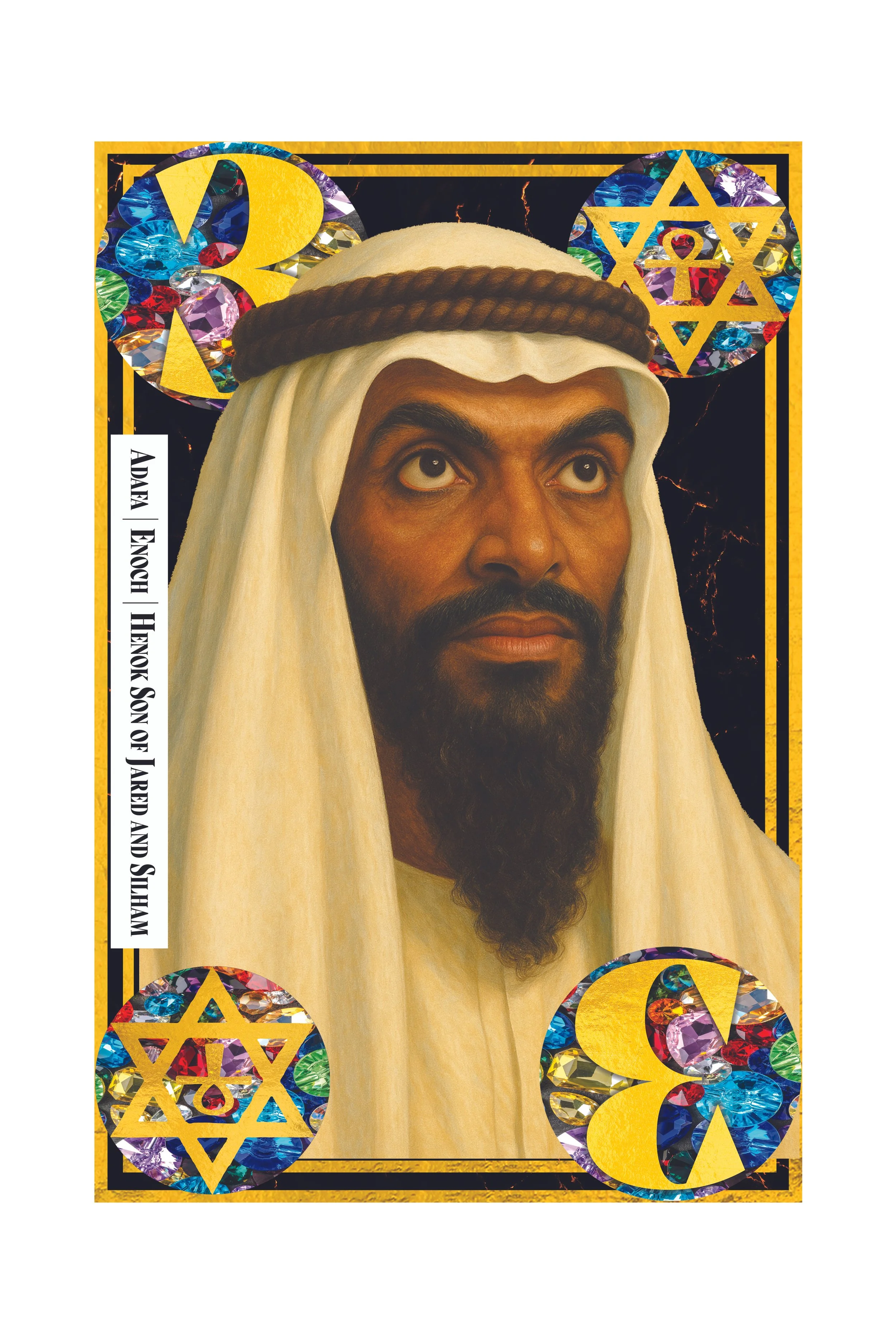 A digital illustration of a man with dark hair, a beard, and a serious expression, wearing traditional Middle Eastern attire, with decorative geometric and jewel-like patterns around him.
