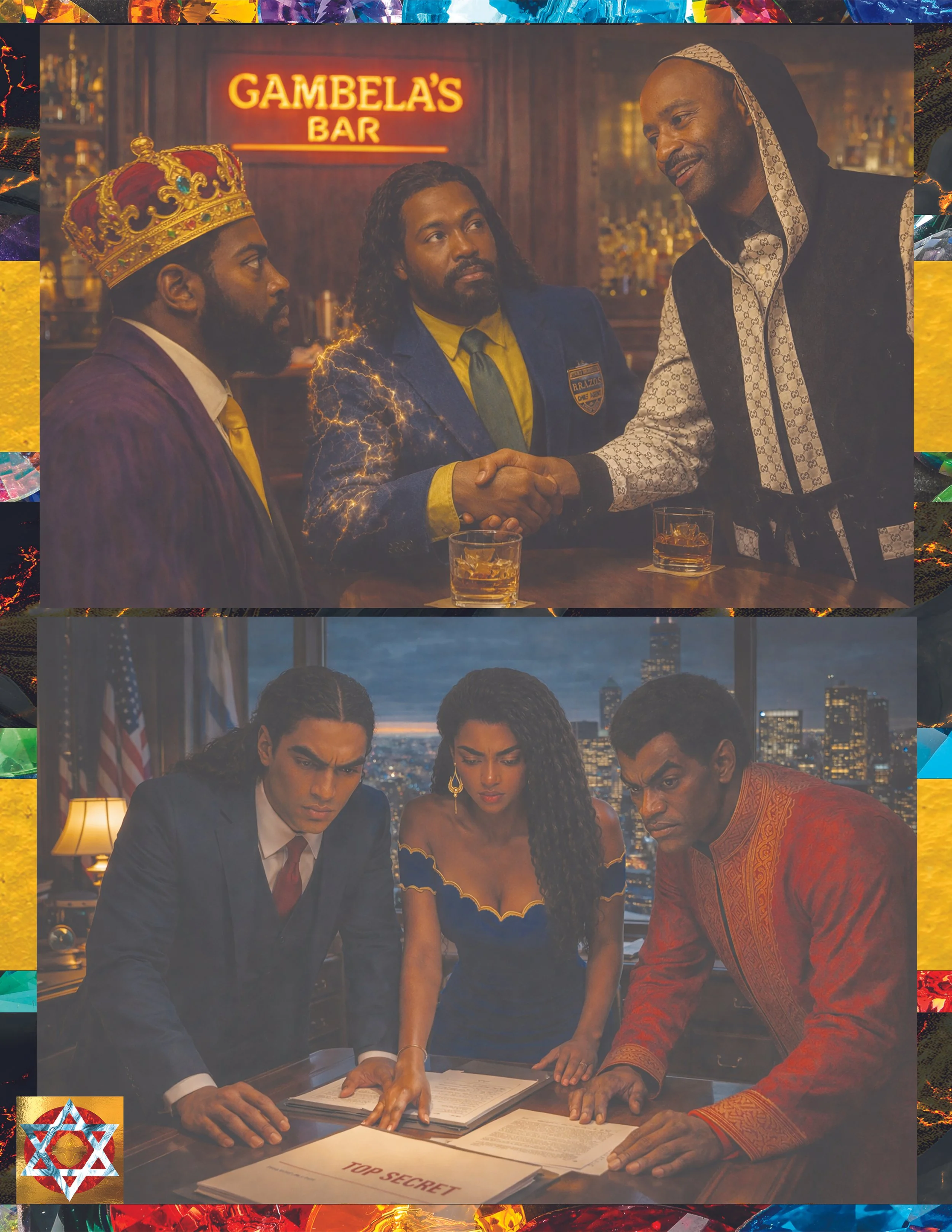 Three individuals of diverse backgrounds gathered around a table with a document labeled 'Top Secret.' Two of them are pointing at the document, and one is observing. They appear to be discussing something important amid a cozy, dimly lit room, with 