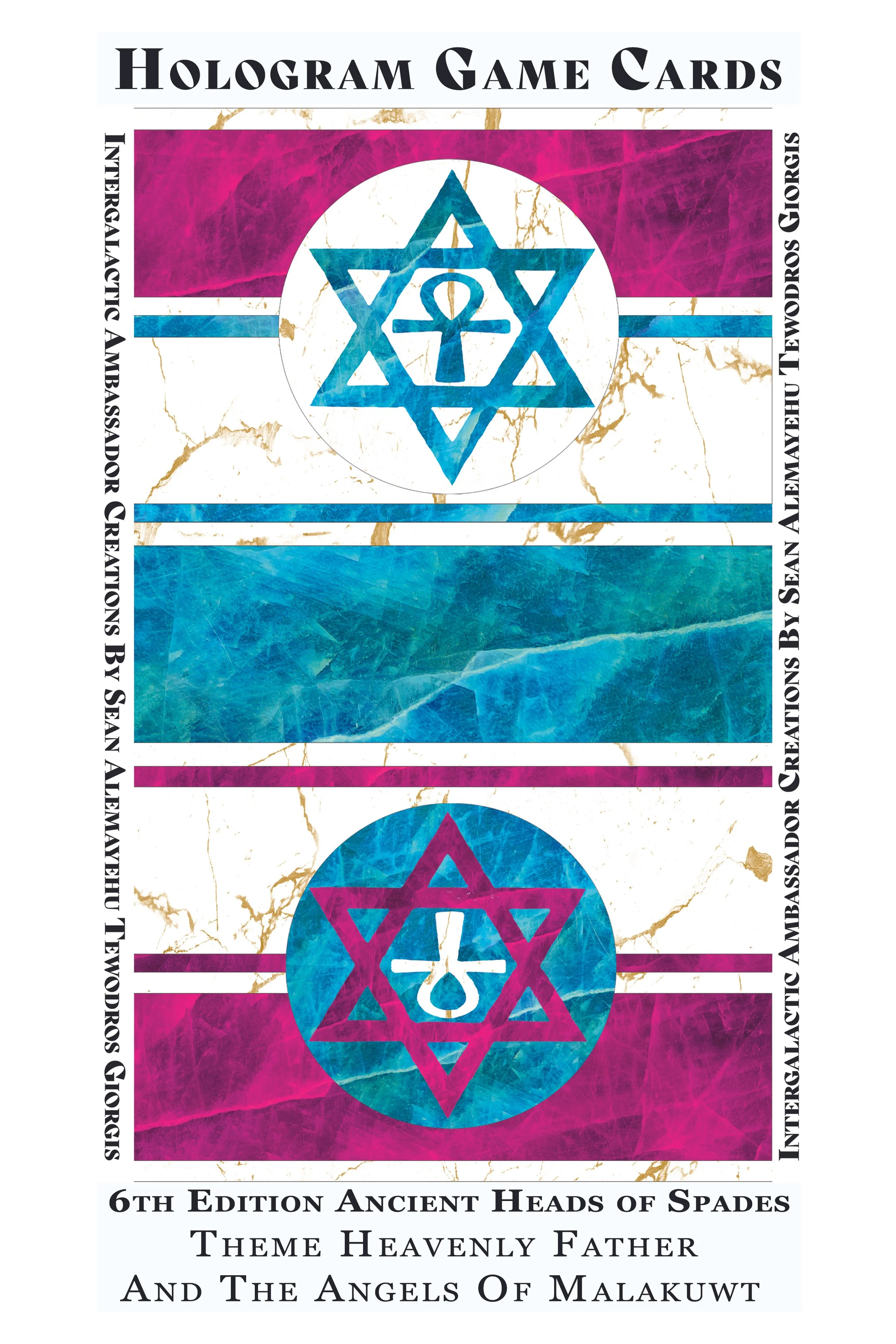 Design of hologram game cards featuring colorful star and geometric symbols, with text referencing the 6th edition of Ancient Heads of Spades tarot deck, theme Heavenly Father, and angels of Malakuwt.