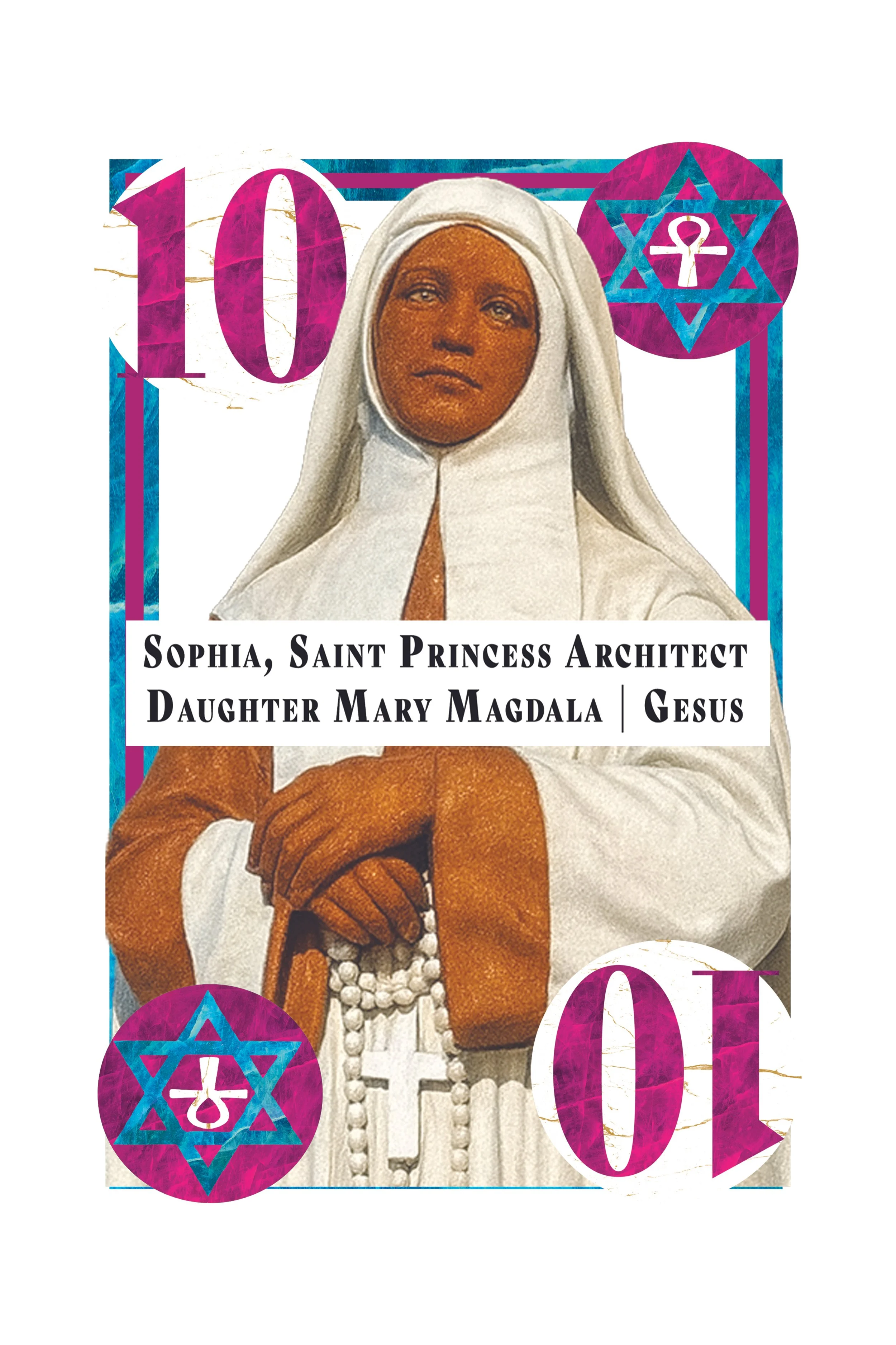 Artwork featuring a woman with dark skin, dressed in white, holding rosary beads, with religious symbols and text referencing Saint Mary Magdalene and Jesus.