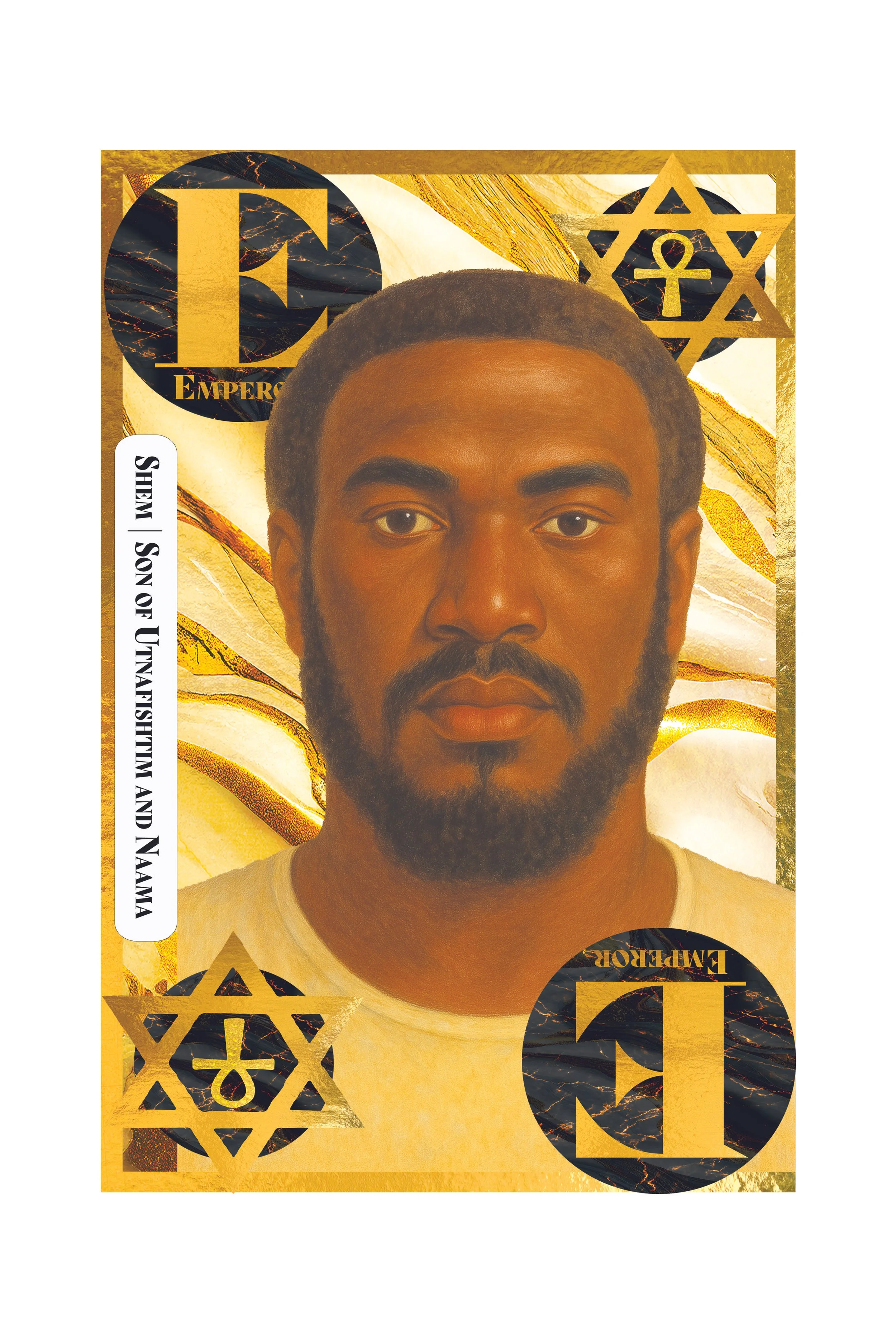 A digital illustration of a man with dark hair and a beard set against a gold and black background with star motifs, including the words 'Emperor' and 'Sun of Shem'.