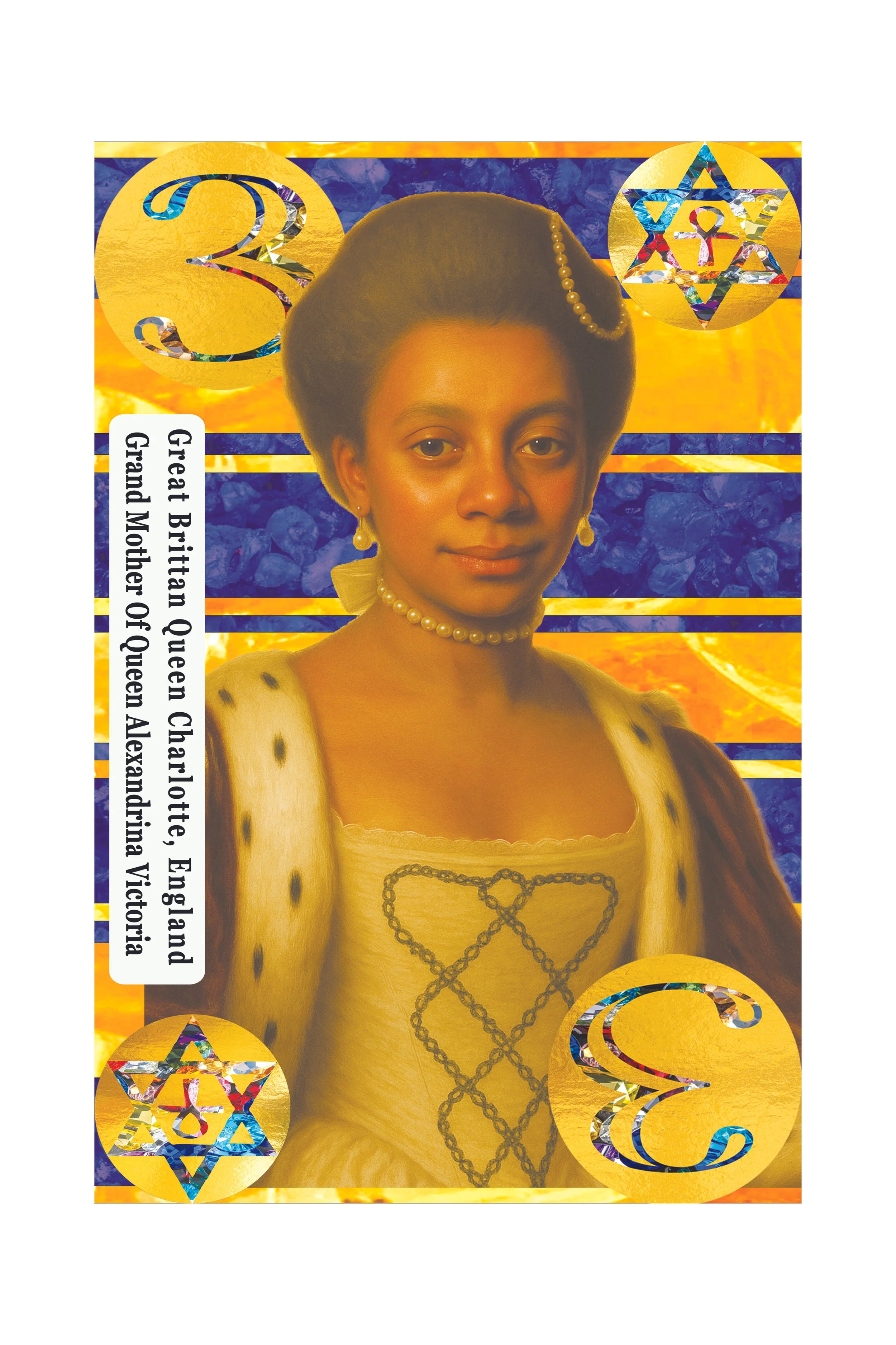 A colorful depiction of Queen Charlotte of England, with ornate symbols and numbers in the background, including the number 3, a six-pointed star, and decorative elements in gold, blue, and multicolor.