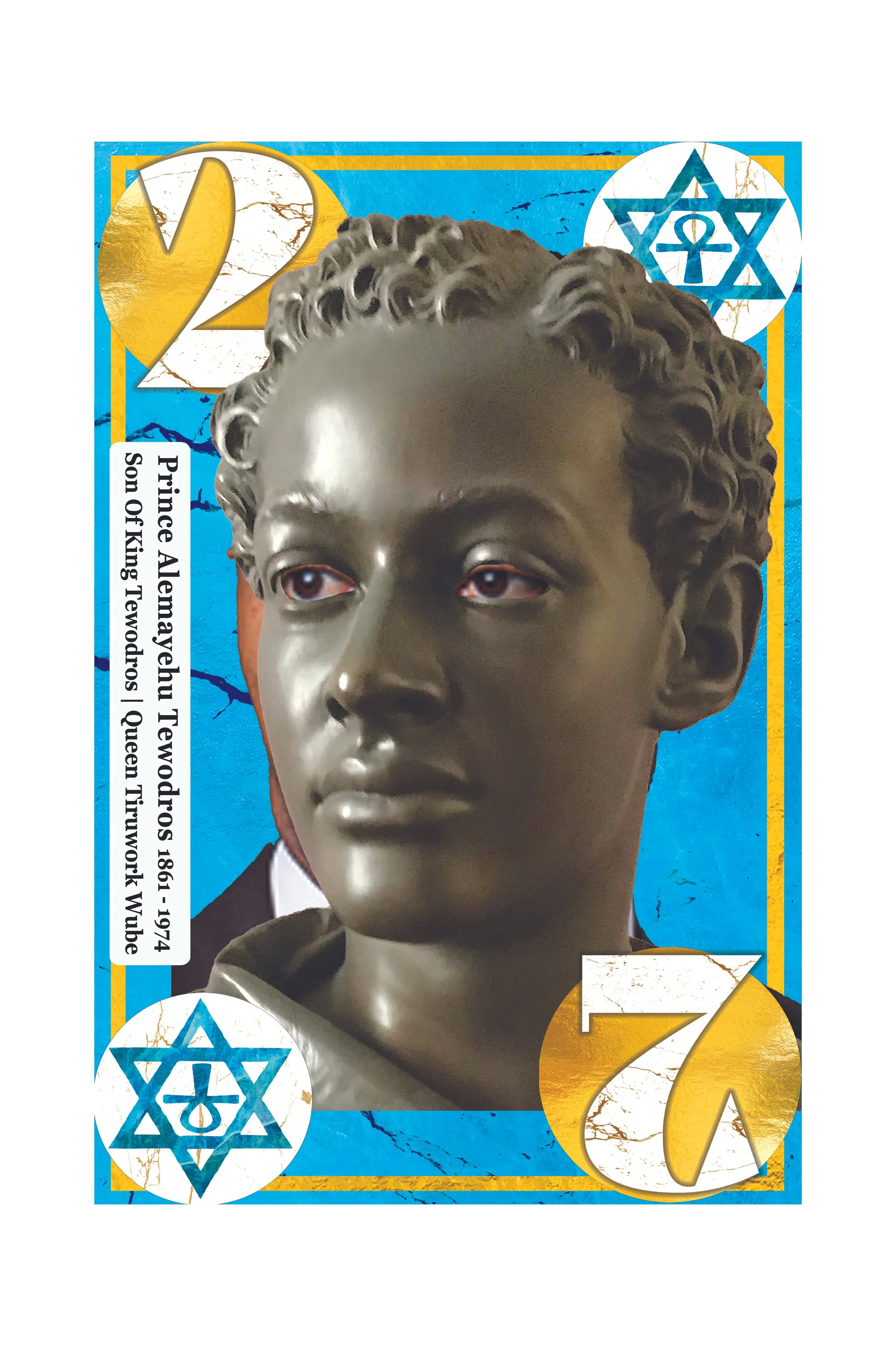 A stylized depiction of a young man with curly hair on a commemorative banknote celebrating the 150th anniversary of Prince Albert Einstein Tewodros 1861-1974, featuring stars, gold and blue color schemes, and text indicating the tribute to a histori