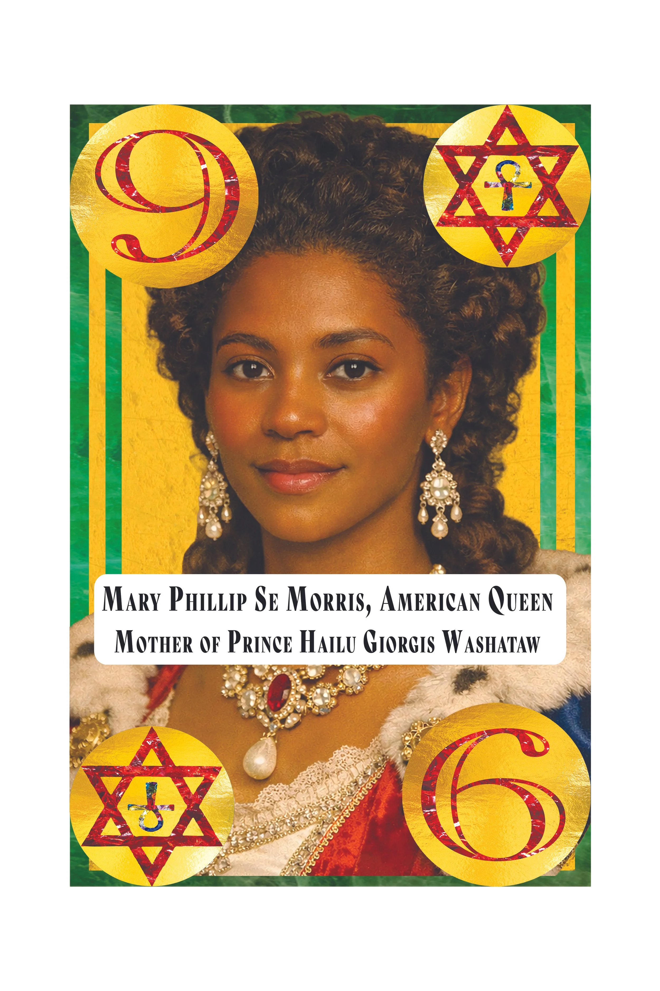 Portrait of Mary Phillips Se Morris, an African American woman in 19th-century attire, wearing jewelry and a red garment with gold trim, with literary-inspired decorative elements including stars and numbers.