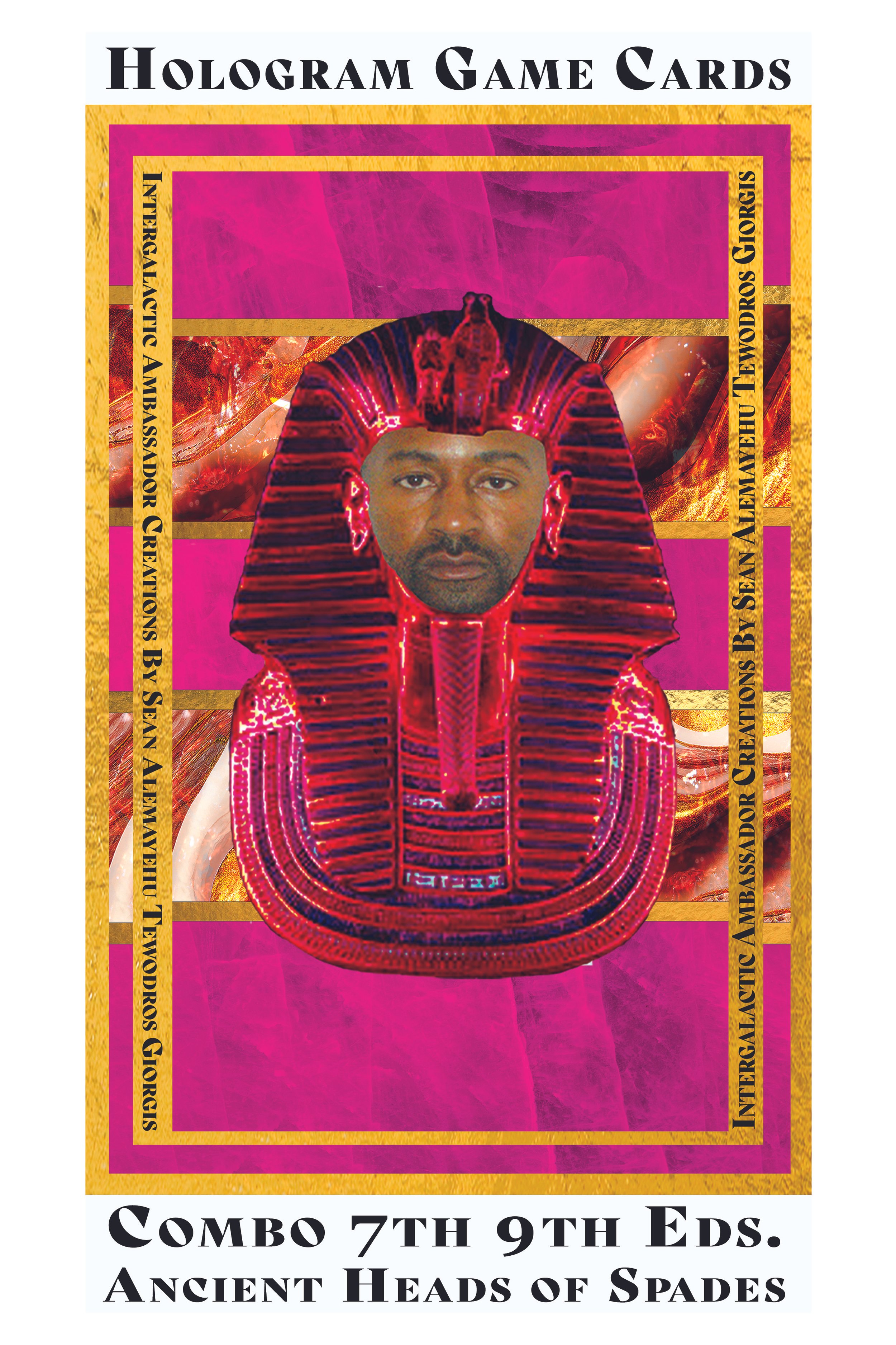 A set of hologram game cards featuring ancient heads of spades, with one card showing a man's face inside a red and black pharaoh-like headdress. The background includes pink and red abstract designs with gold borders and black text.