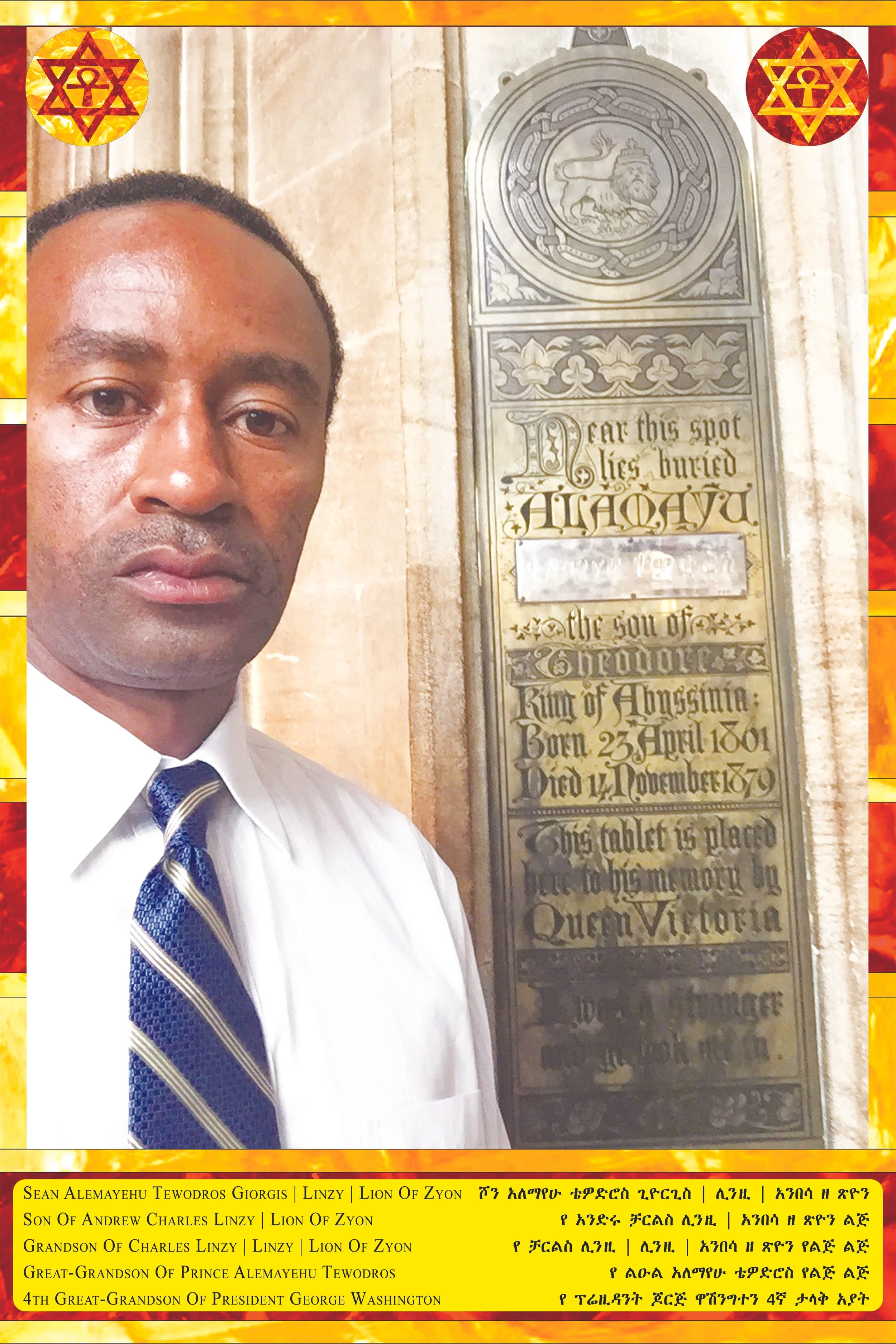 A man dressed in a white shirt and blue striped tie standing next to a tombstone in a church or cathedral, with a religious decorative emblem featuring a lion above the tombstone and a plaque with engraved text below the emblem. The image has a yello
