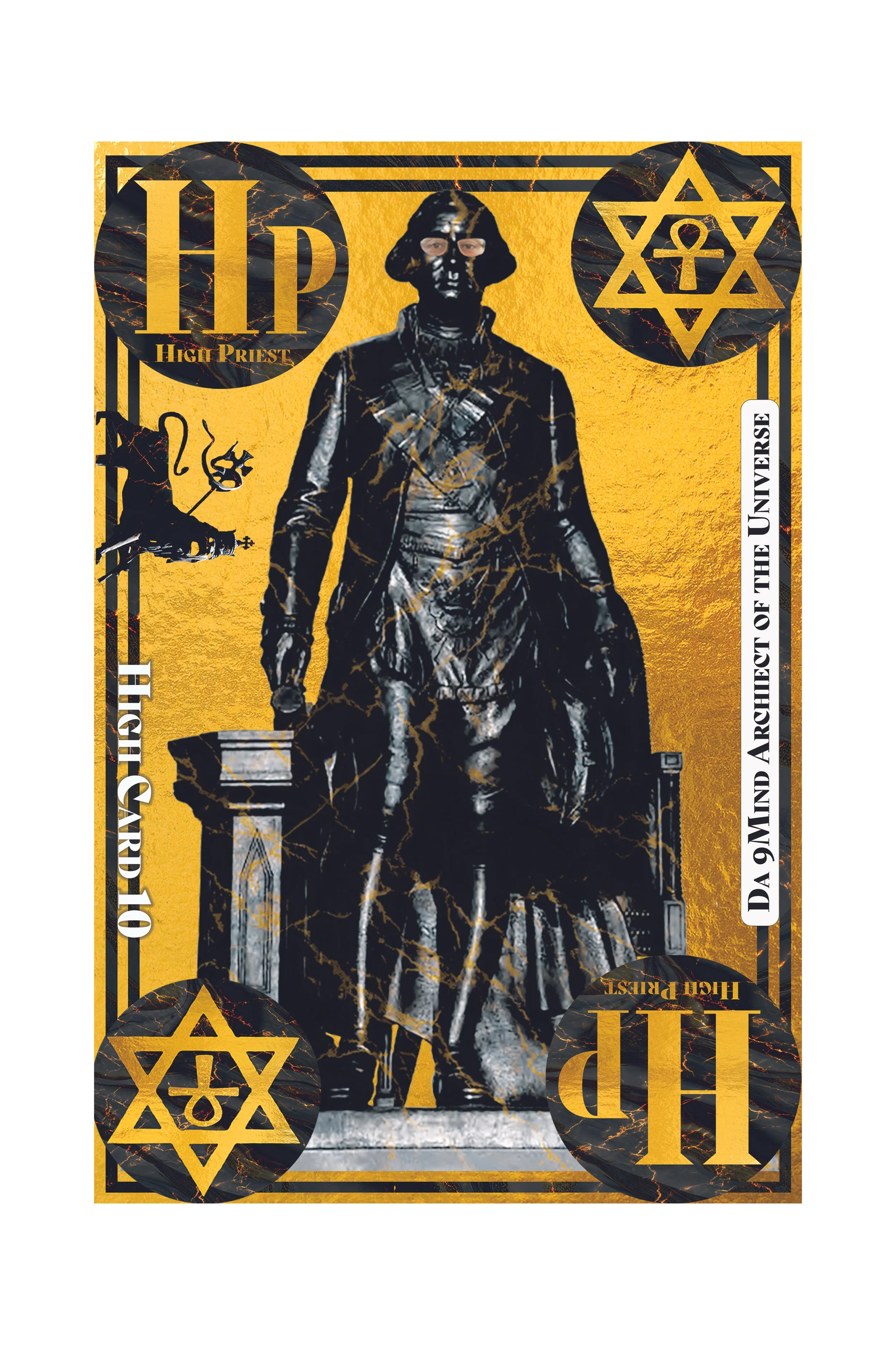 A digitally edited image of a person wearing dark clothing and a mask, sitting on a throne-like chair, with a yellow background featuring black and gold symbols, including a star with an ankh and serpent inside, and text related to high priest and un