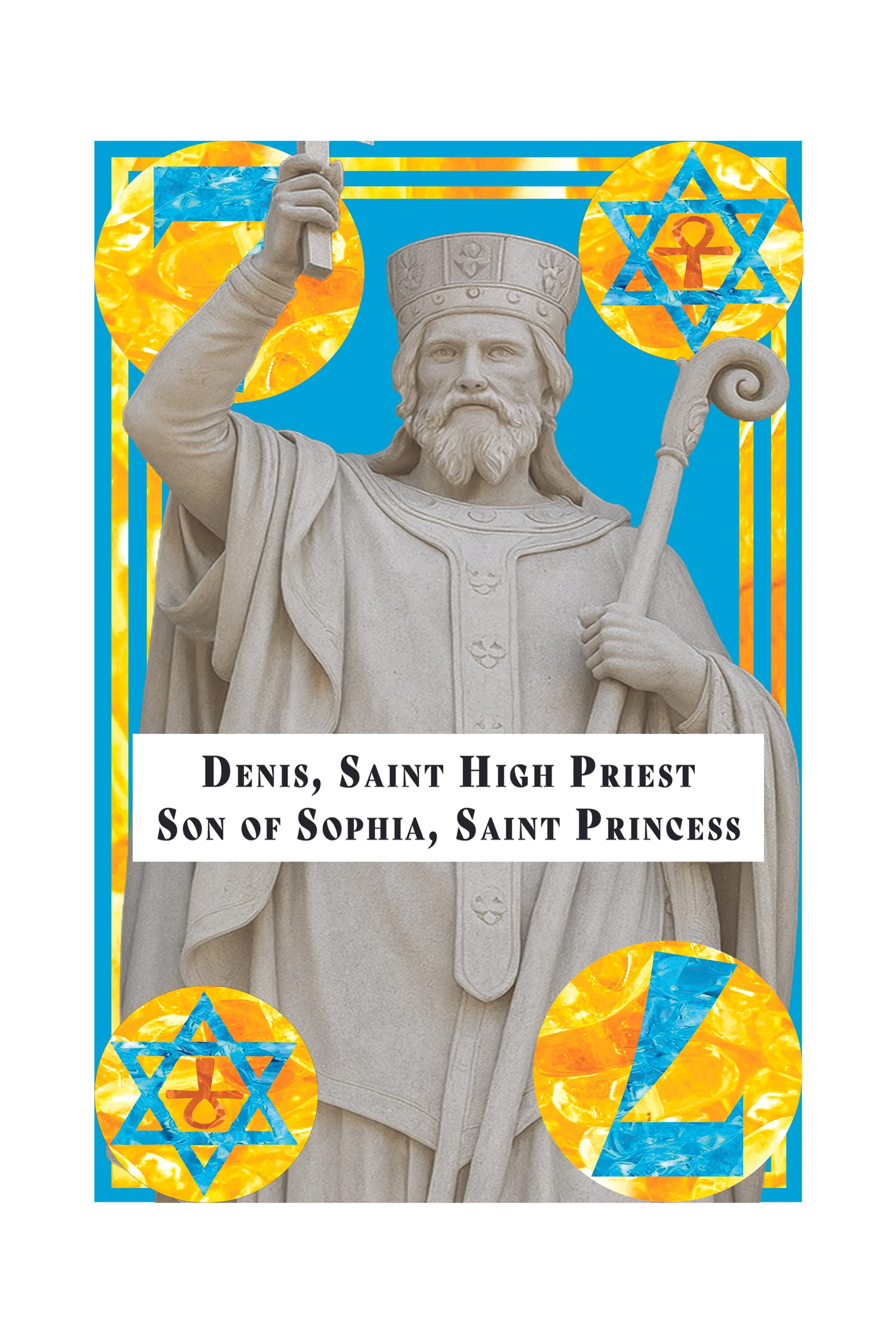 A stone statue of a biblical figure, possibly a king, holding a staff and making a blessing gesture with his right hand, with a crown on his head, surrounded by blue and yellow symbols and patterns related to Jewish culture.