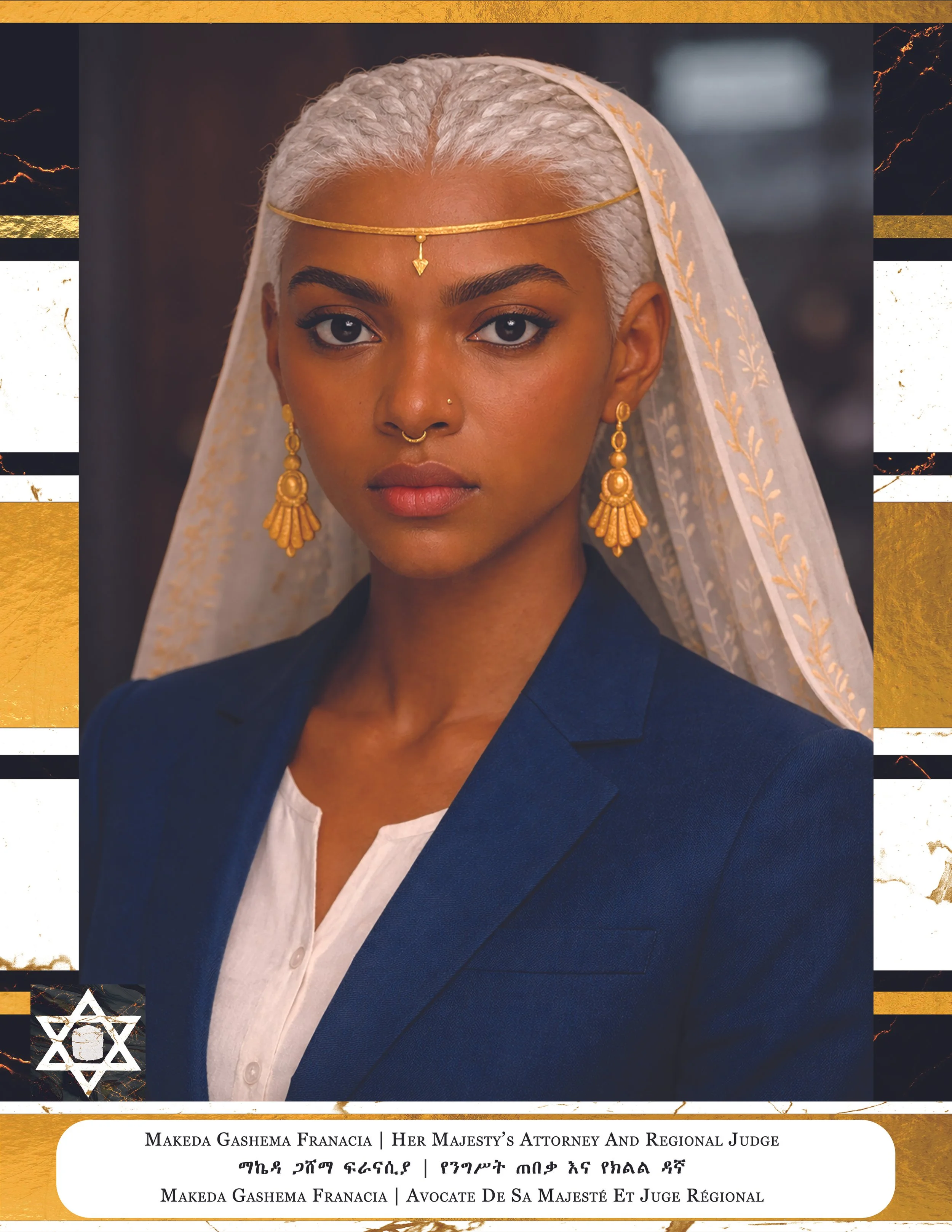 A woman with dark skin and white braided hair, wearing traditional gold jewelry including earrings, a head chain, and a nose ring, dressed in a dark blue blazer over a white shirt, against a dark background.