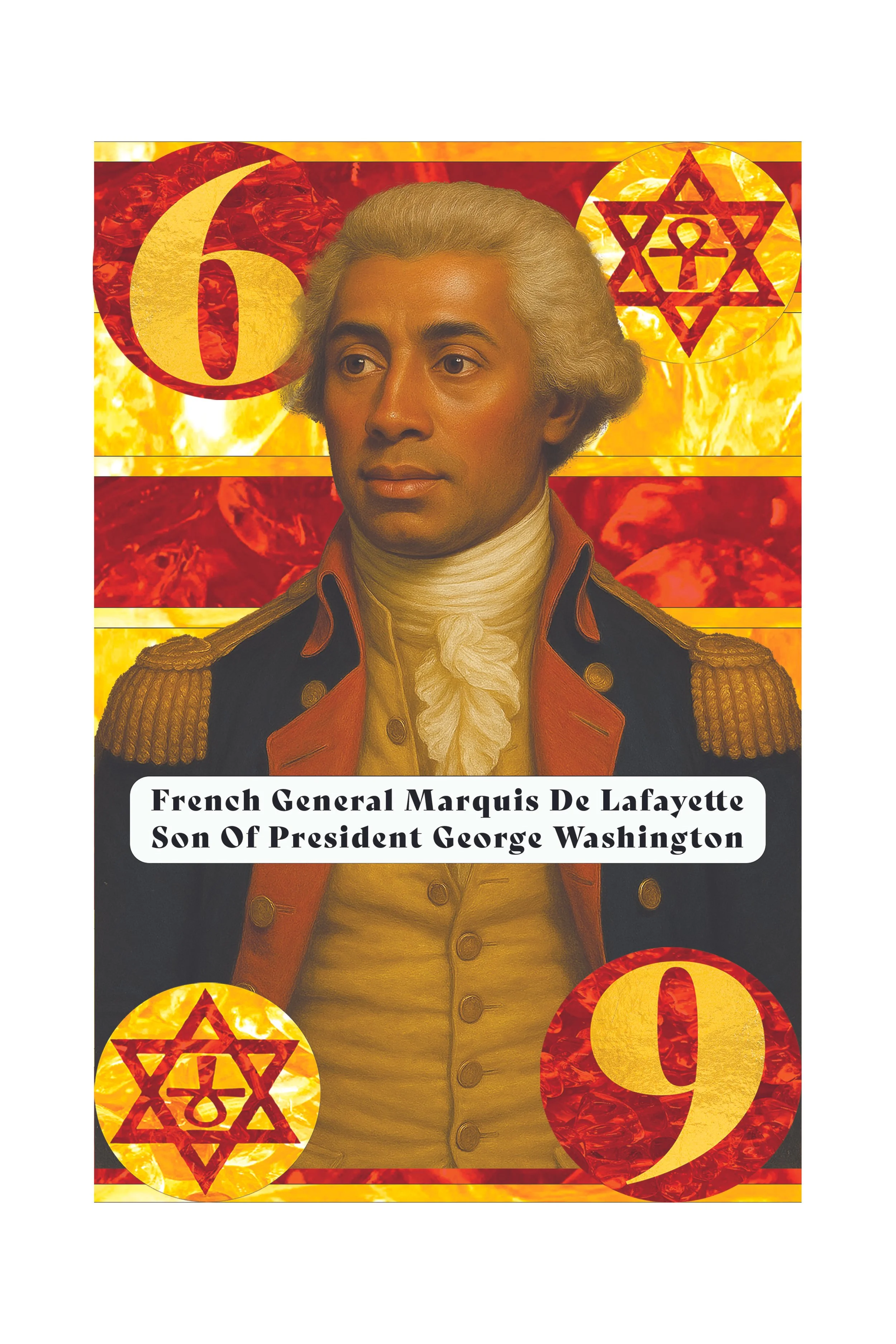 Painting of French General Marquis de Lafayette in military uniform with background of flames, the number 6, and two yellow and red star of David symbols, one in the top right corner and one in the bottom left corner, with a white banner in the middl
