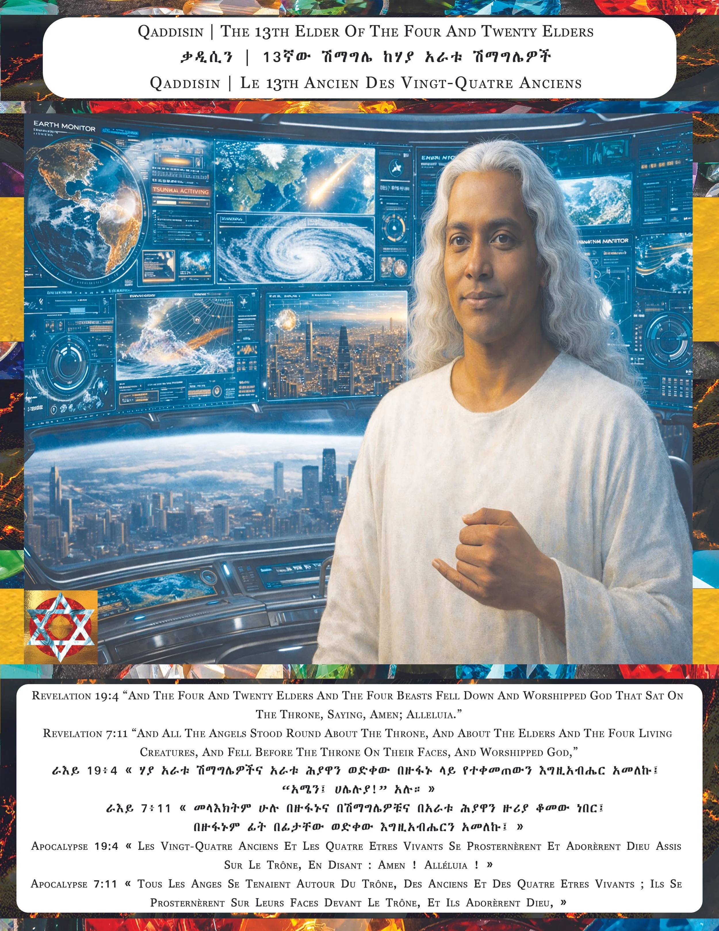 The image features a woman with long, curly gray hair standing in front of a large digital display showing weather and earth monitoring graphics, with a cityscape in the background seen through a window. The image has colorful borders and biblical qu