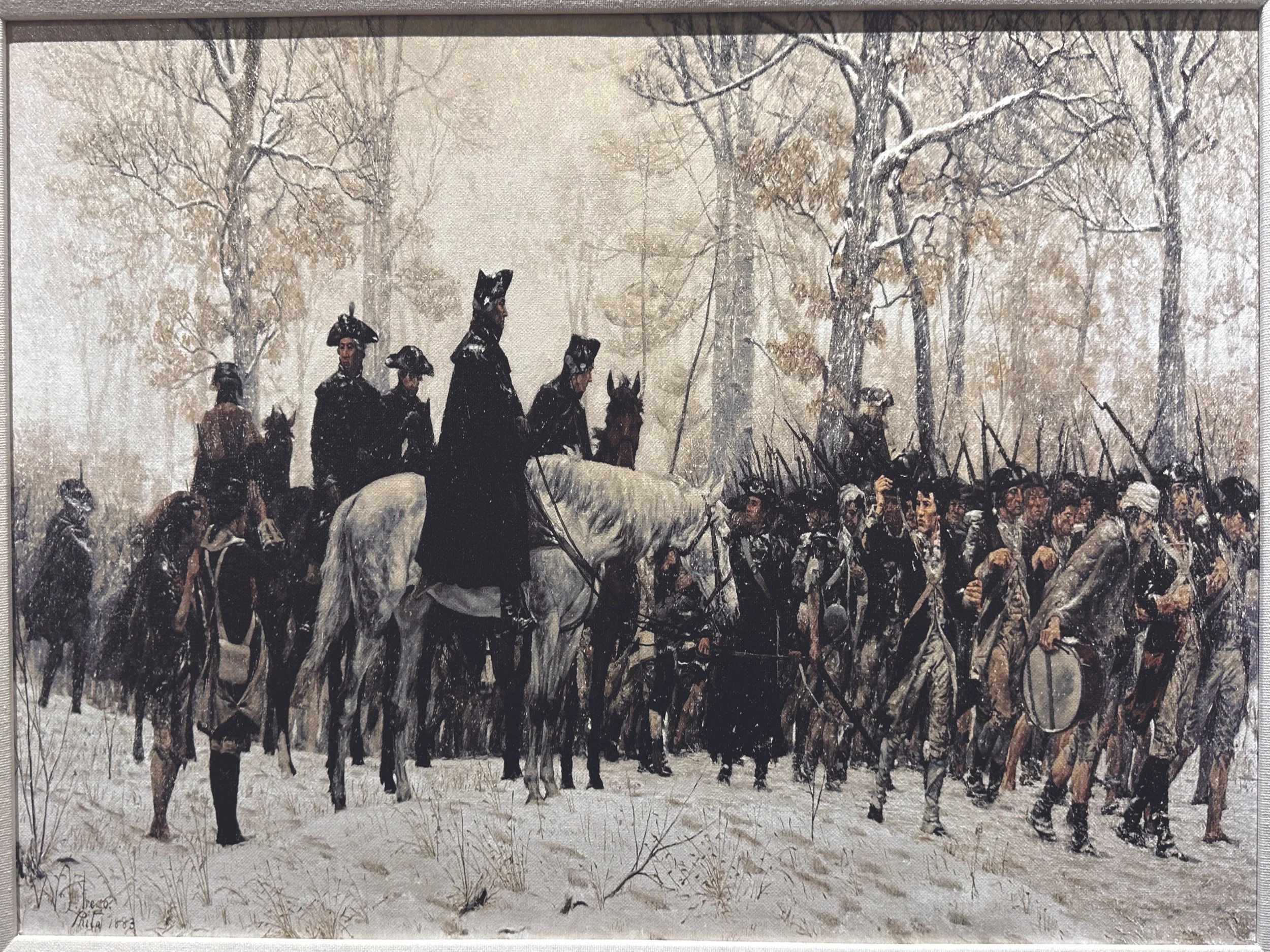A painting of a snowy landscape with soldiers on horseback and on foot, surrounded by leafless trees, with one soldier on a white horse in the center.
