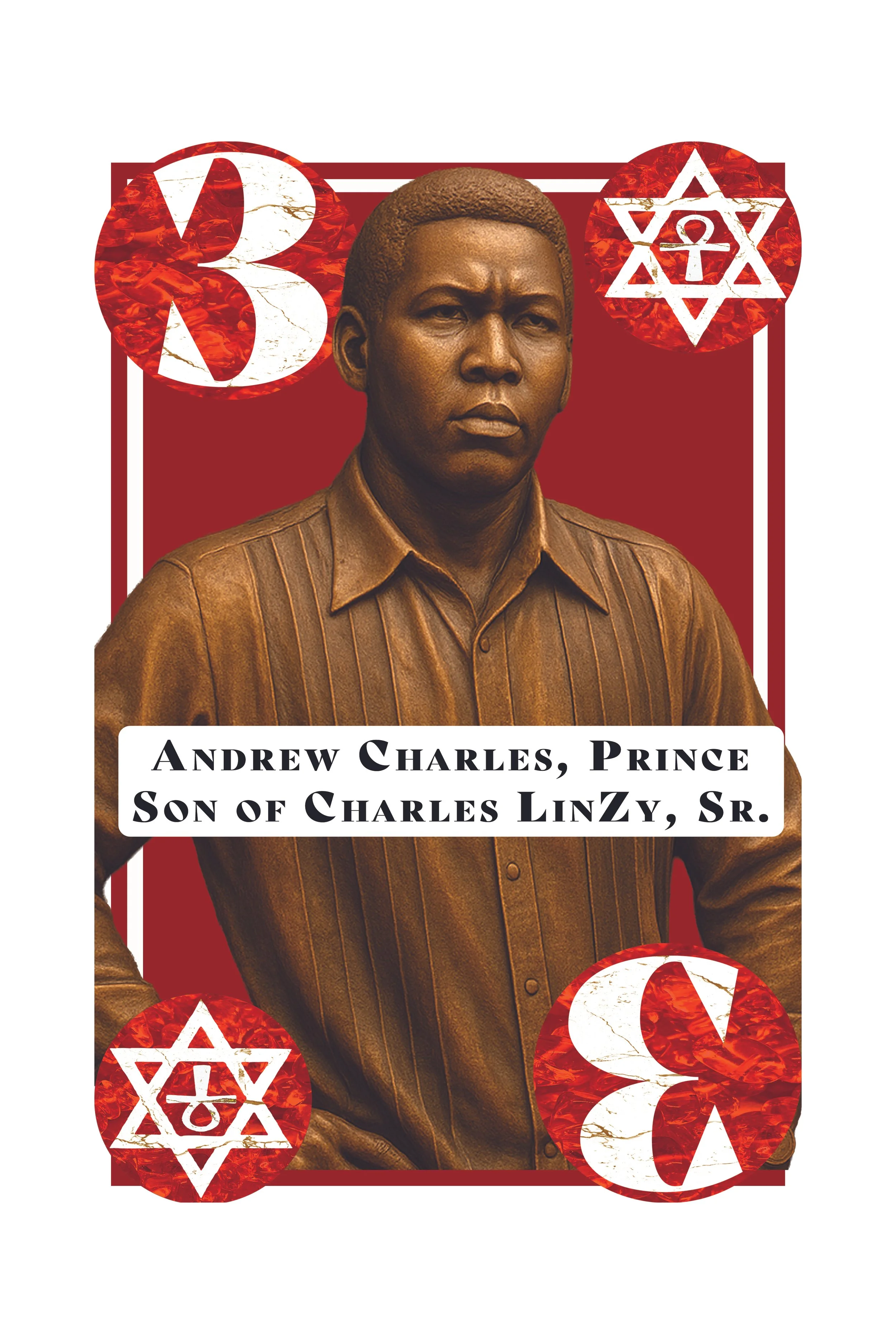 Poster of a man with short hair, wearing a brown striped shirt, with decorative symbols and text including the number 3 and references to Andrew Charles, son of Charles Linzy, Sr.