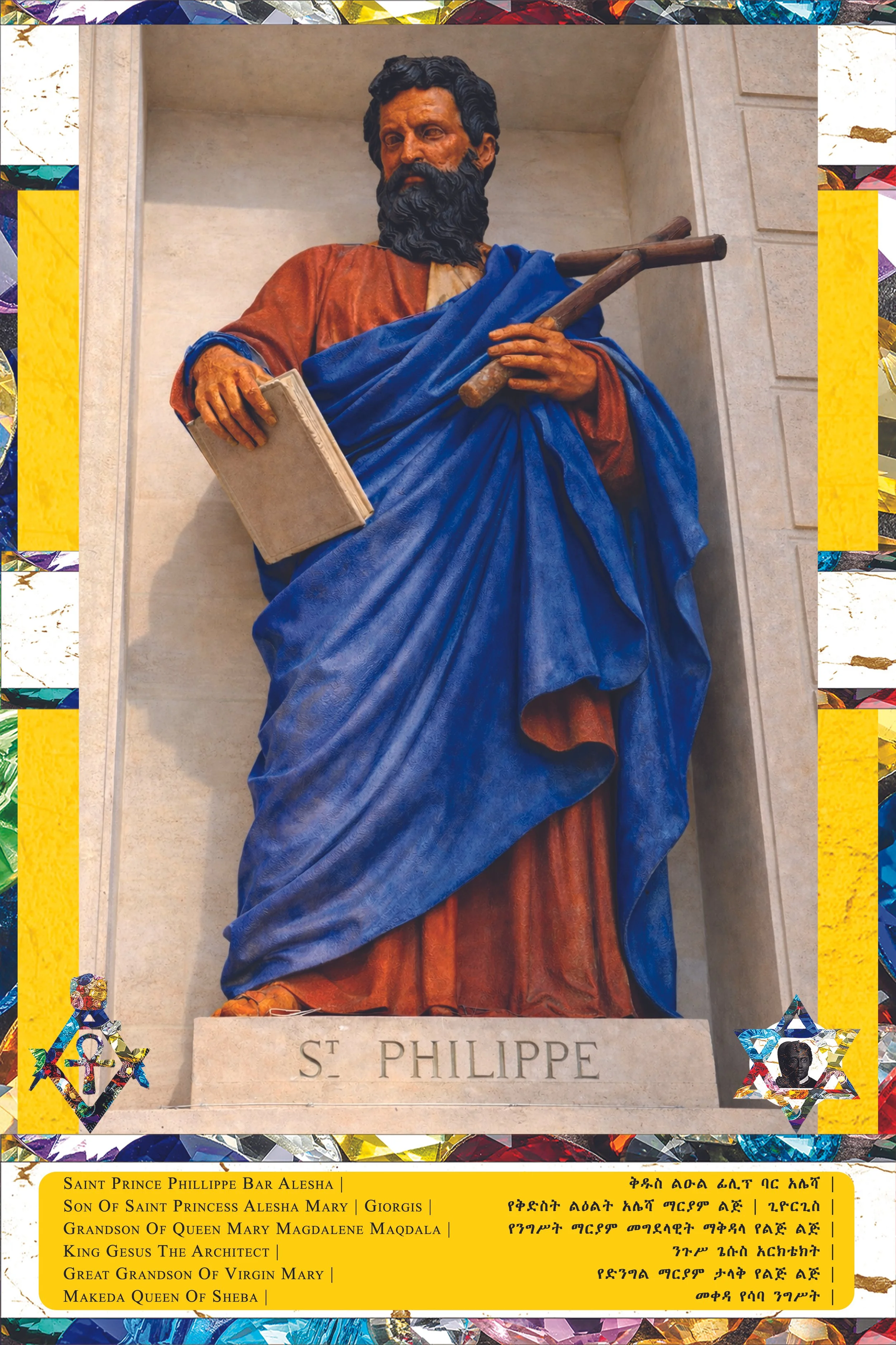A colorful statue of Saint Prince Philippe Bar Alesha, son of Saint Princess Alesha Mary, grandchild of Queen Mary Magdala and King Jesus the Architect. The statue shows a bearded man wearing a blue and orange robe, holding a book in one hand and a s