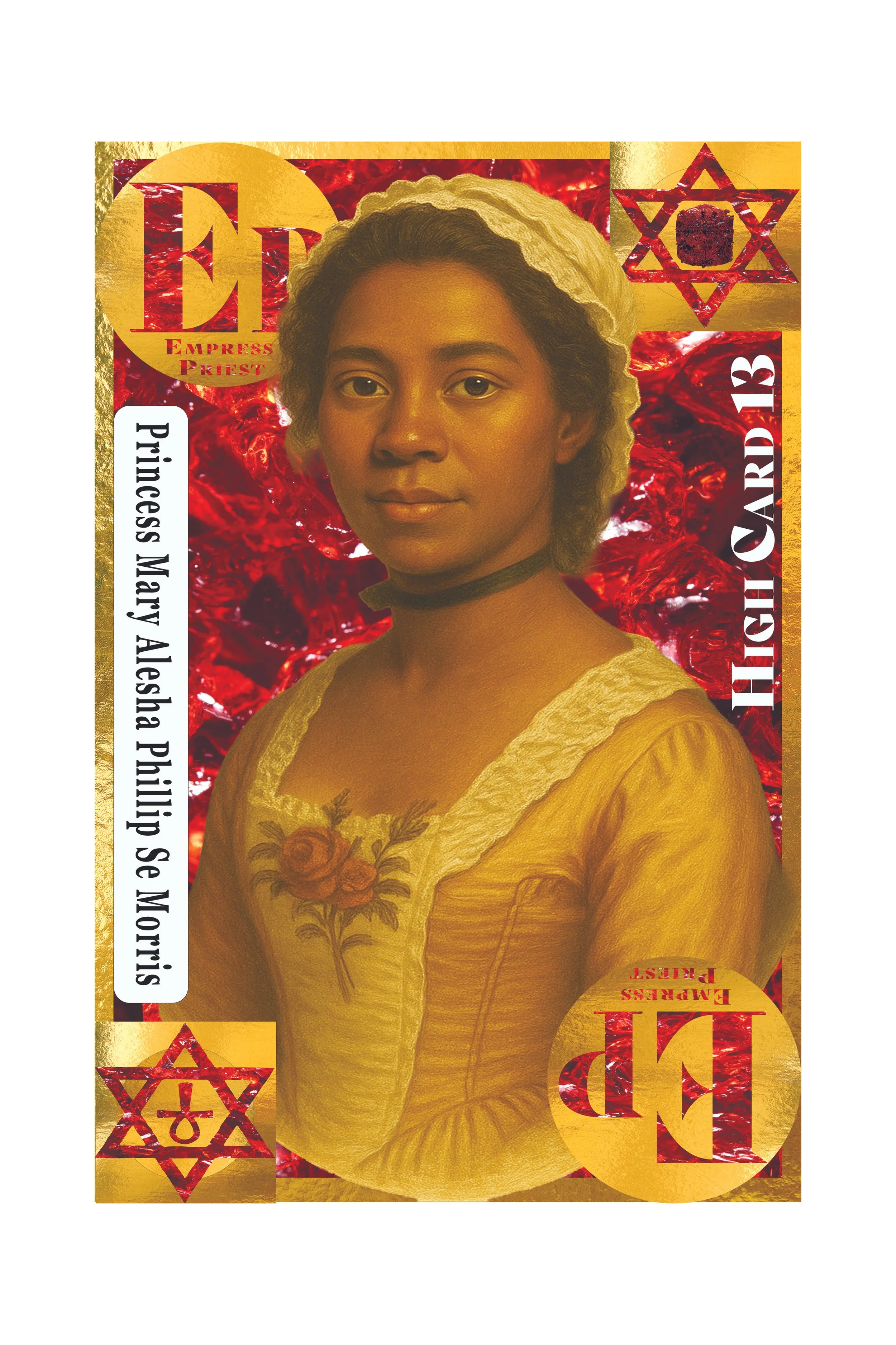 A collage with a portrait of a woman with short, curly hair, gold clothing, and floral tattoos on her chest, surrounded by red and gold design elements, including Star of David symbols and text referencing Princess May Alsha.