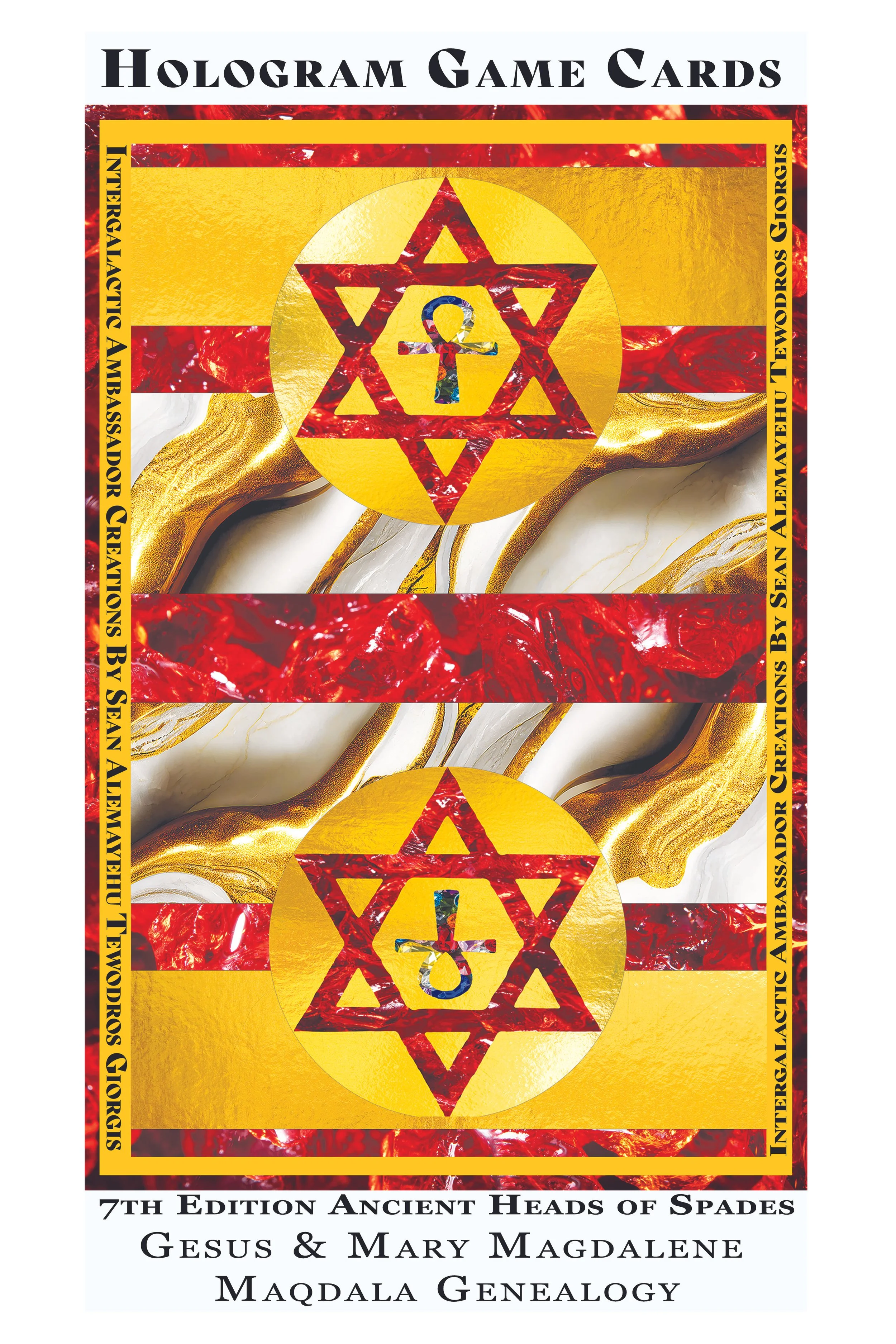 Book cover titled 'Hologram Game Cards' with a decorative background featuring gold, red, and marble patterns. The cover includes a yellow-bordered circle with a red Star of David and an ankh symbol inside, and text indicating it's the 7th edition of ancient heads of spades by Sean A. Meyers, Jesus & Mary Magdalene, and Magdala genealogy.