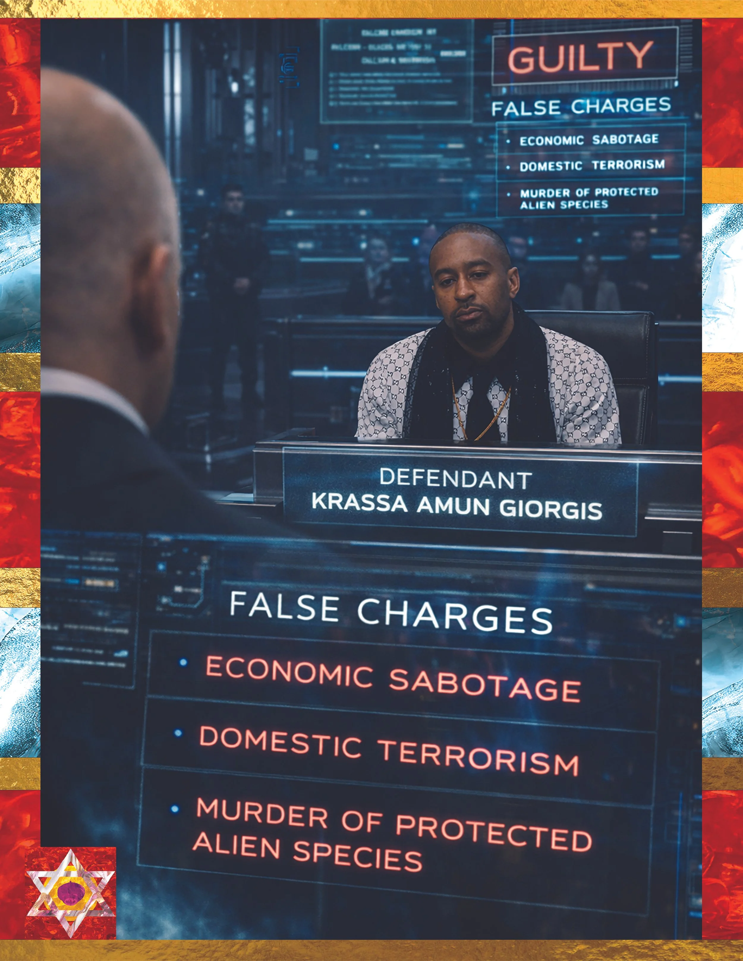 A scene from a court of law showing a man with a serious expression sitting at a desk labeled 'Defendant Krassa Amun Giorgis'. Behind him, a large digital screen displays charges including 'Guilty', 'False Charges', 'Economic Sabotage', 'Domestic Ter