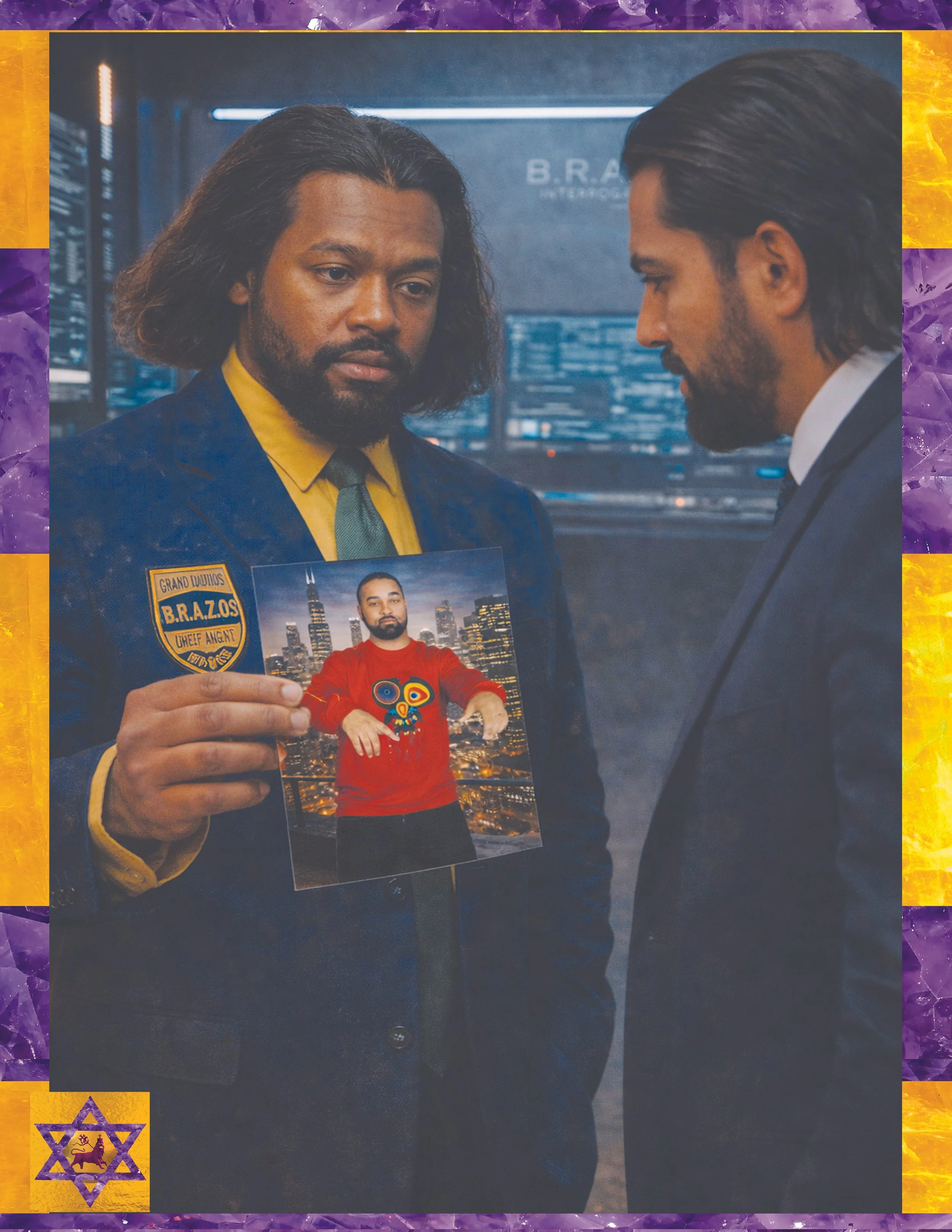 Two men in suits engaged in conversation, one is holding a magazine featuring a man in a red sweatshirt against an urban skyline backdrop. The image is framed with a decorative border that includes purple and yellow elements.