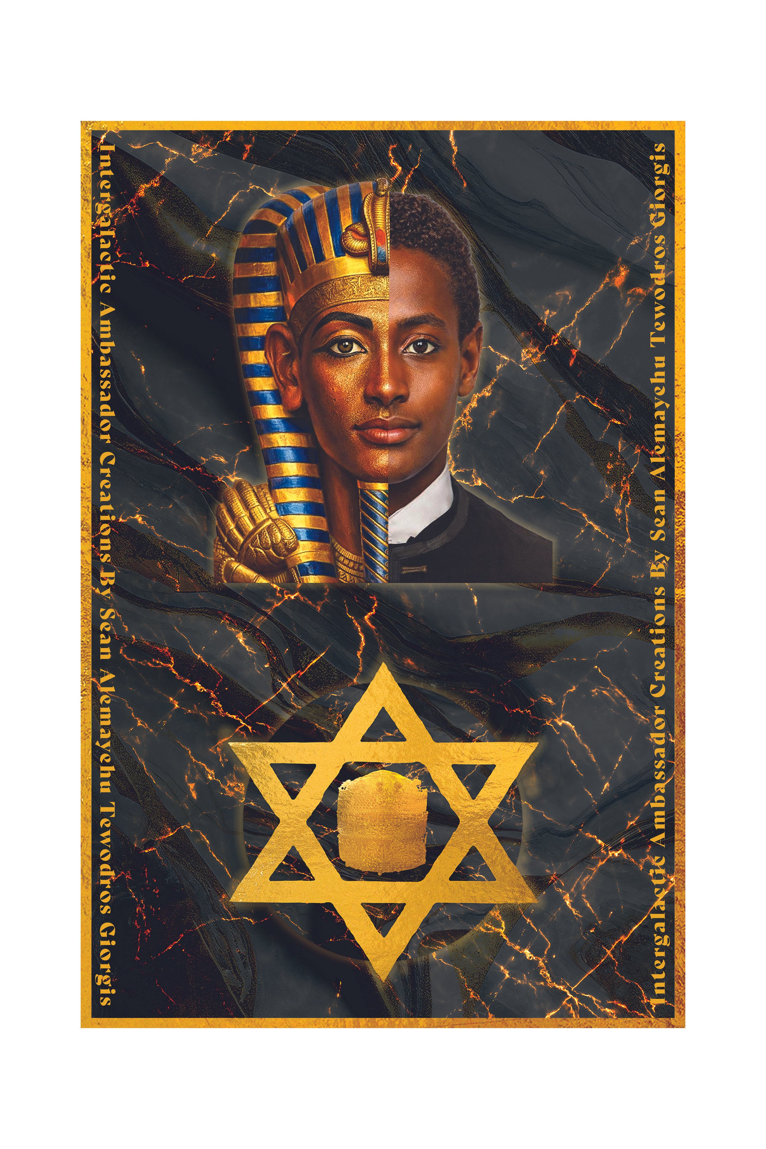 A portrait of a young woman with dark skin, short hair, and traditional Egyptian makeup, wearing an animated headdress inspired by ancient Egyptian pharaohs. The background is black with fiery orange accents and lightning effects, featuring a large g