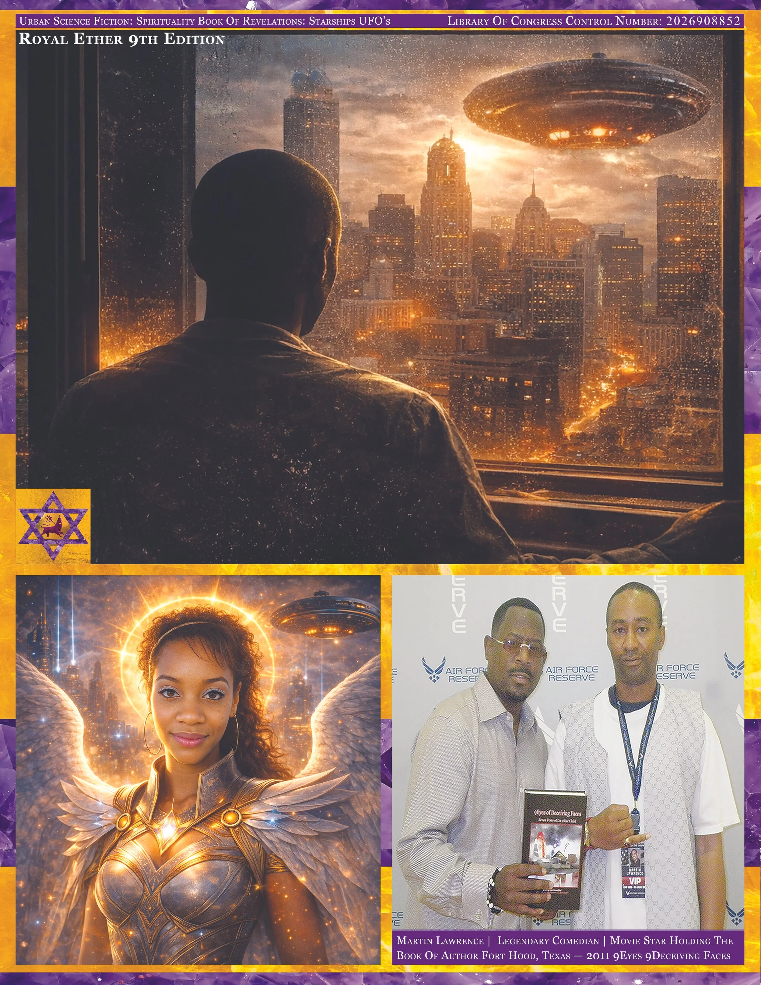 A city skyline at sunset with futuristic flying saucers in the sky and a man looking out the window. A woman with glowing eyes and wings, dressed in armor, is depicted in a fantasy style.
