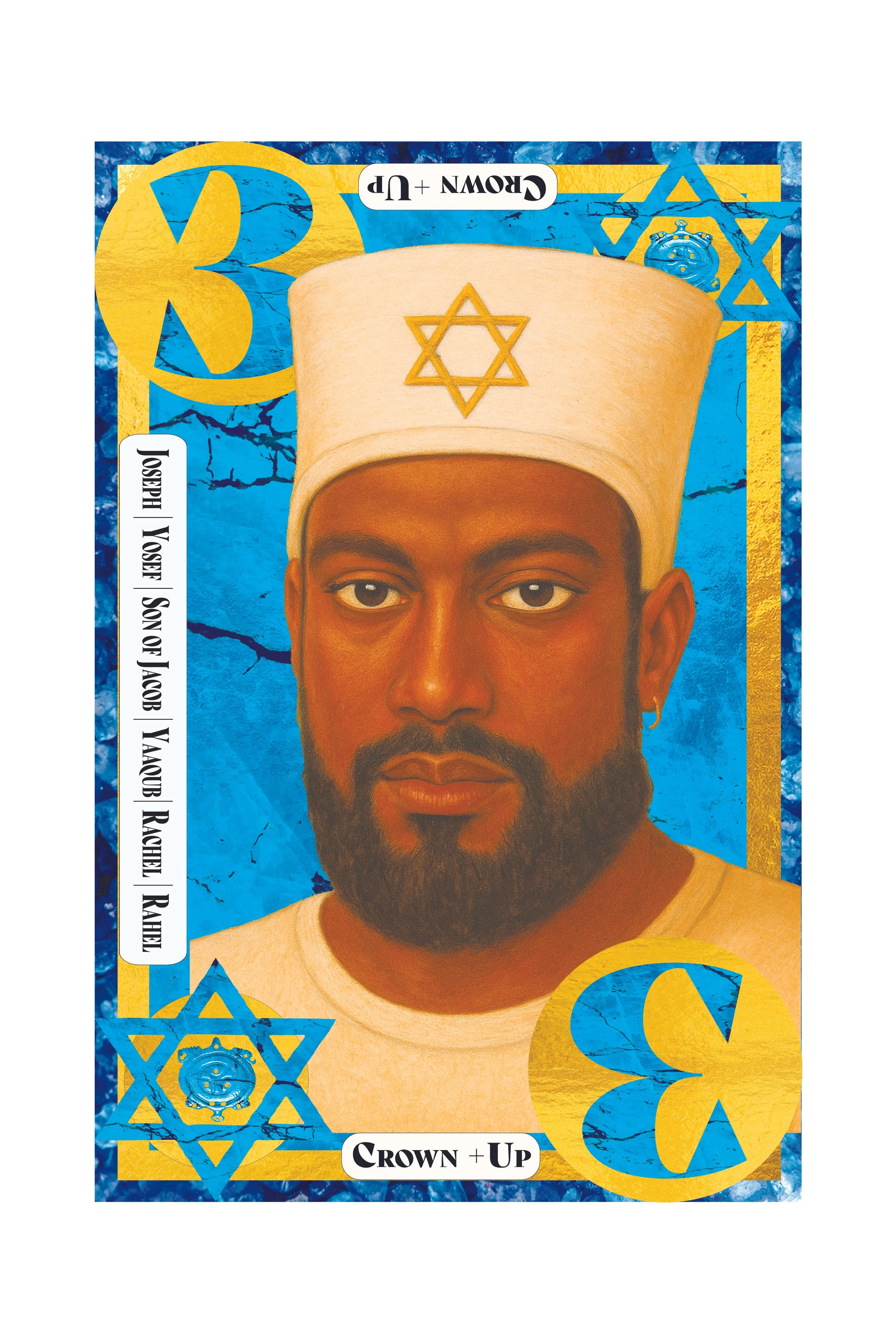 A banknote featuring a portrait of a man with a beard and short hair, wearing a white head covering with a Star of David symbol, surrounded by blue and gold decorative elements, and text reading "CROWN UP" and "GROW + UP".