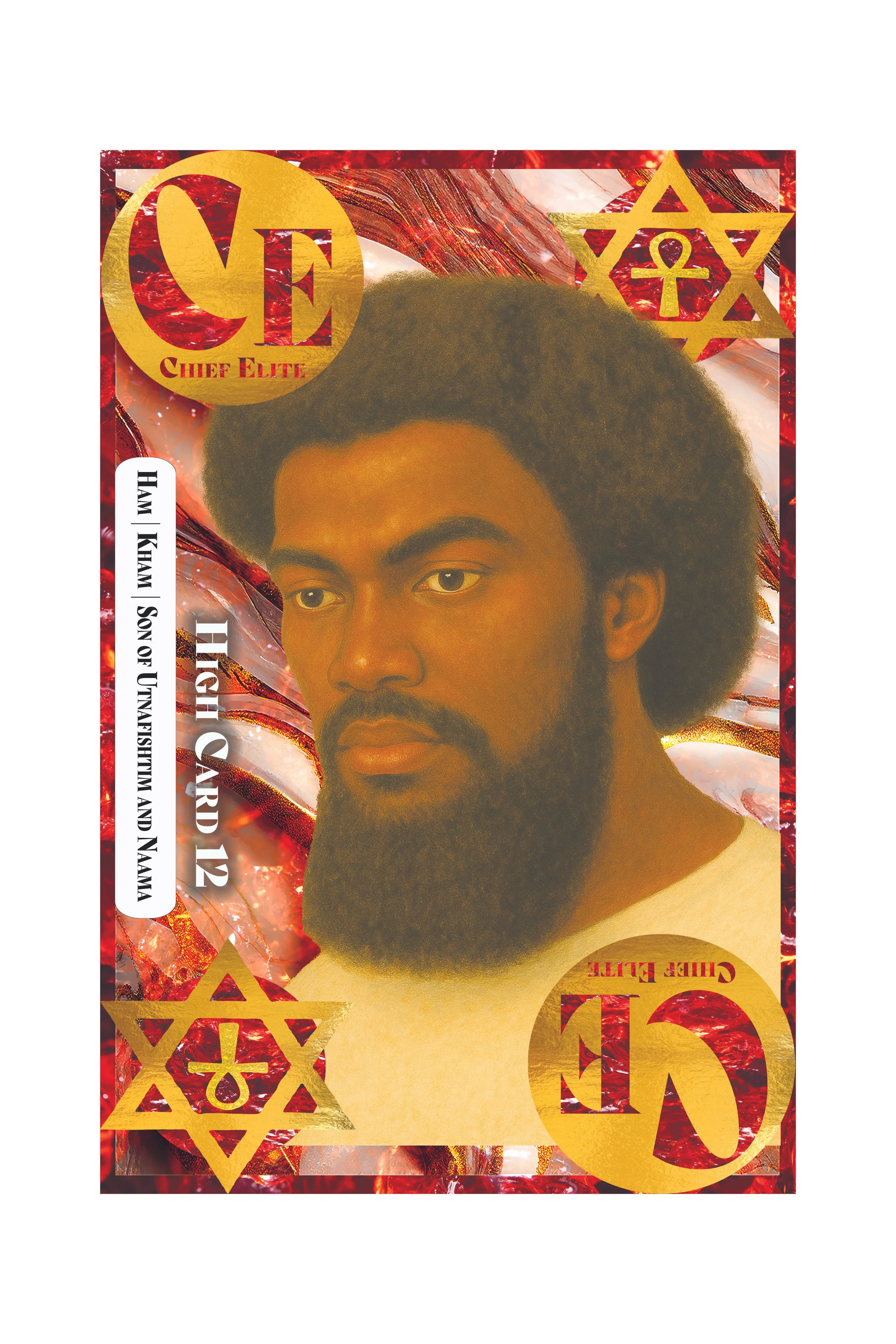 A poster featuring a young man's face with natural hair, red and gold decorative elements, including a gold chevron and star of David with a menorah inside, and text related to a Chief Elite event or organization.