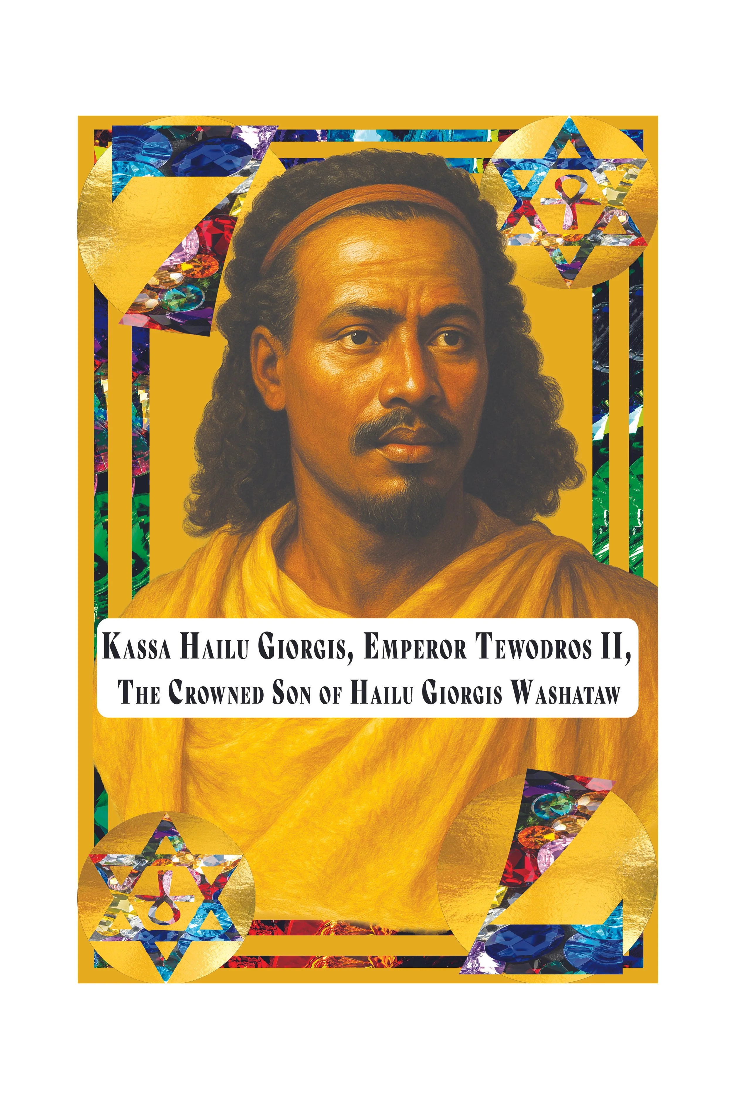 Portrait of a man with long curly hair, a goatee, and wearing a yellow garment, set against a vibrant, ornate background with geometric and gemstone motifs.