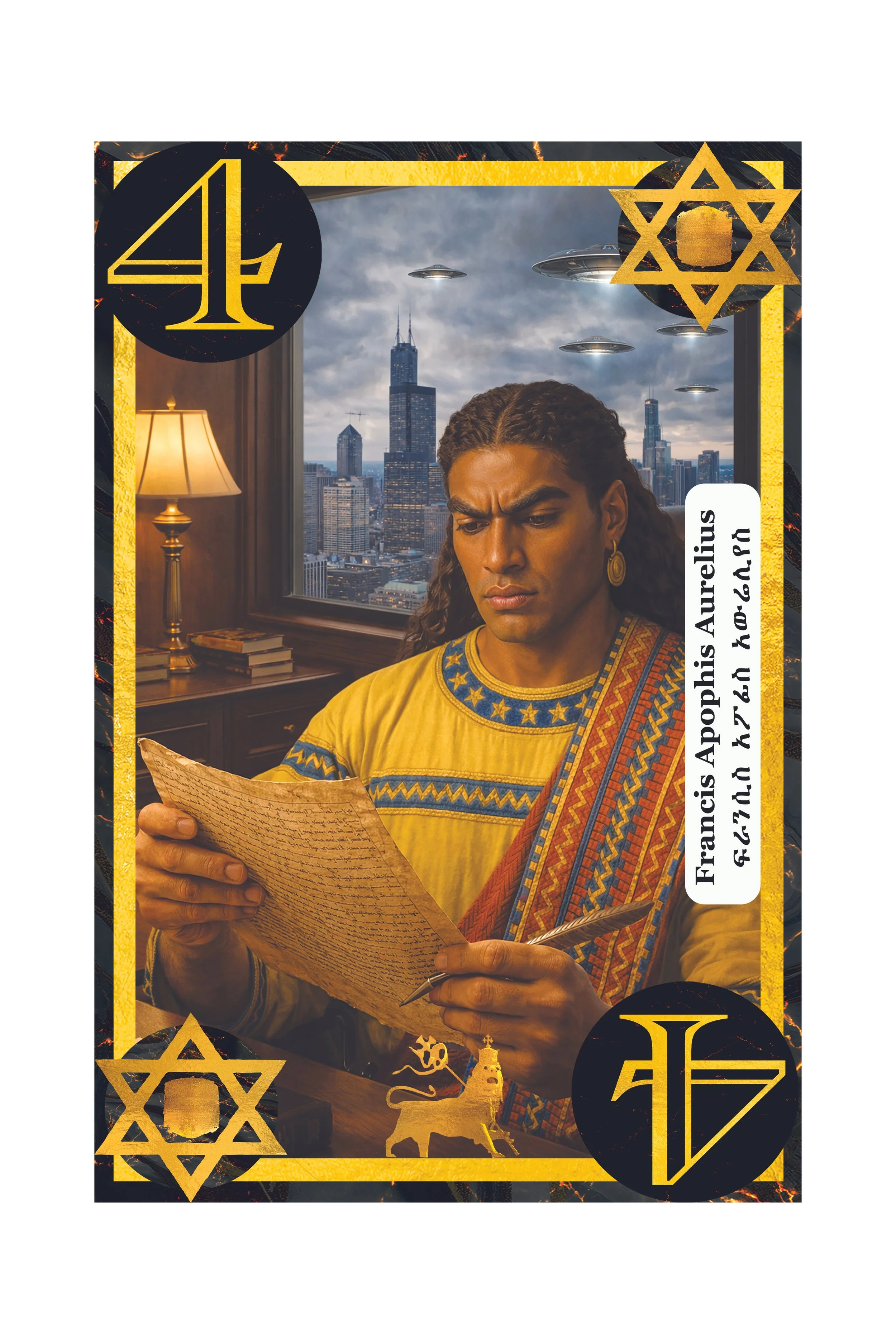 A person with long hair and earrings, wearing a yellow garment with blue and red patterns, reads an ancient-looking document while seated at a desk in a room with a lamp. The background shows a city skyline through a window with floating UFOs in the 