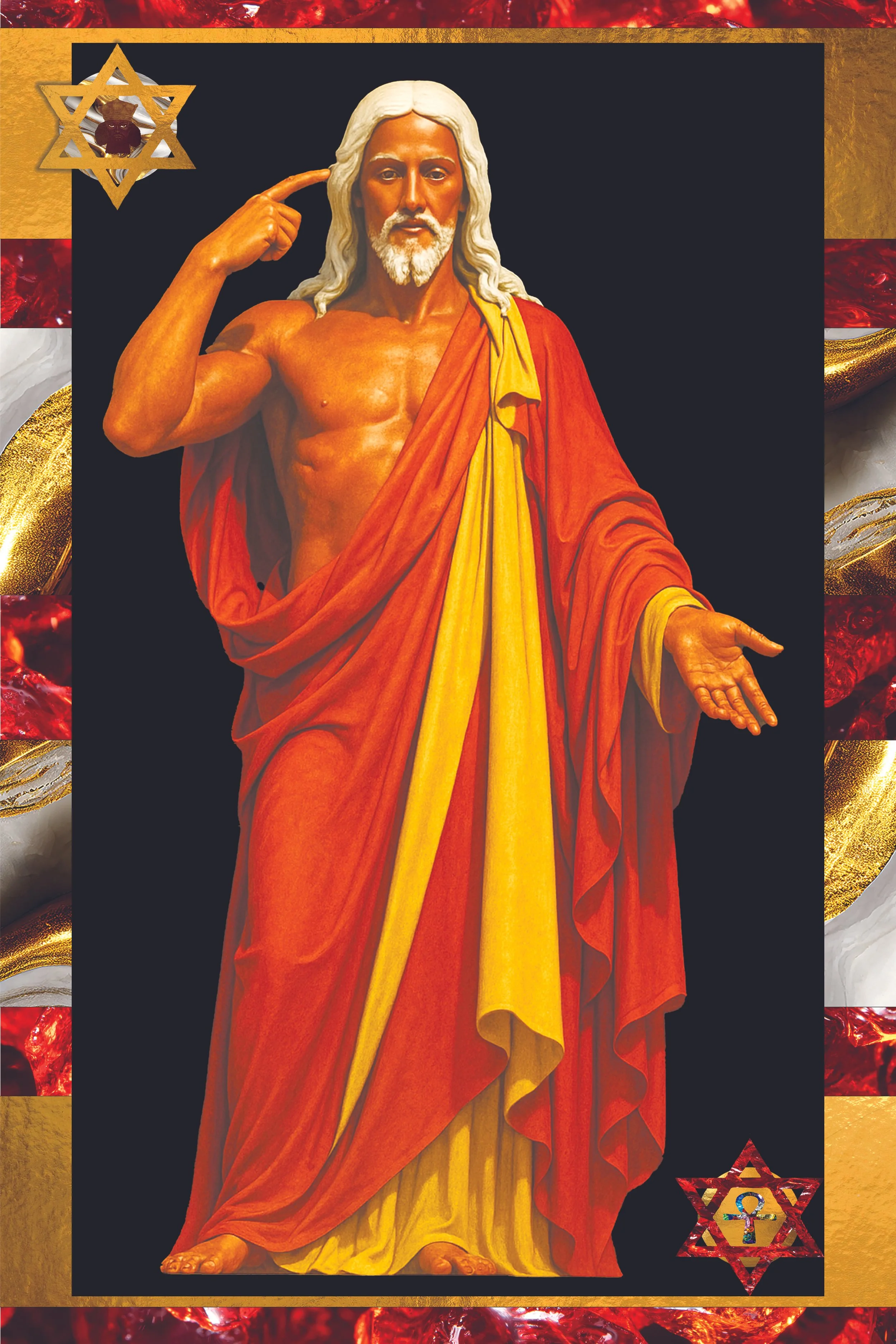 A religious image of Jesus Christ dressed in red and yellow robes, touching his temple with his right hand and extending his left hand outward, with a dark background. There are decorative gold and red borders with Star of David symbols featuring an 