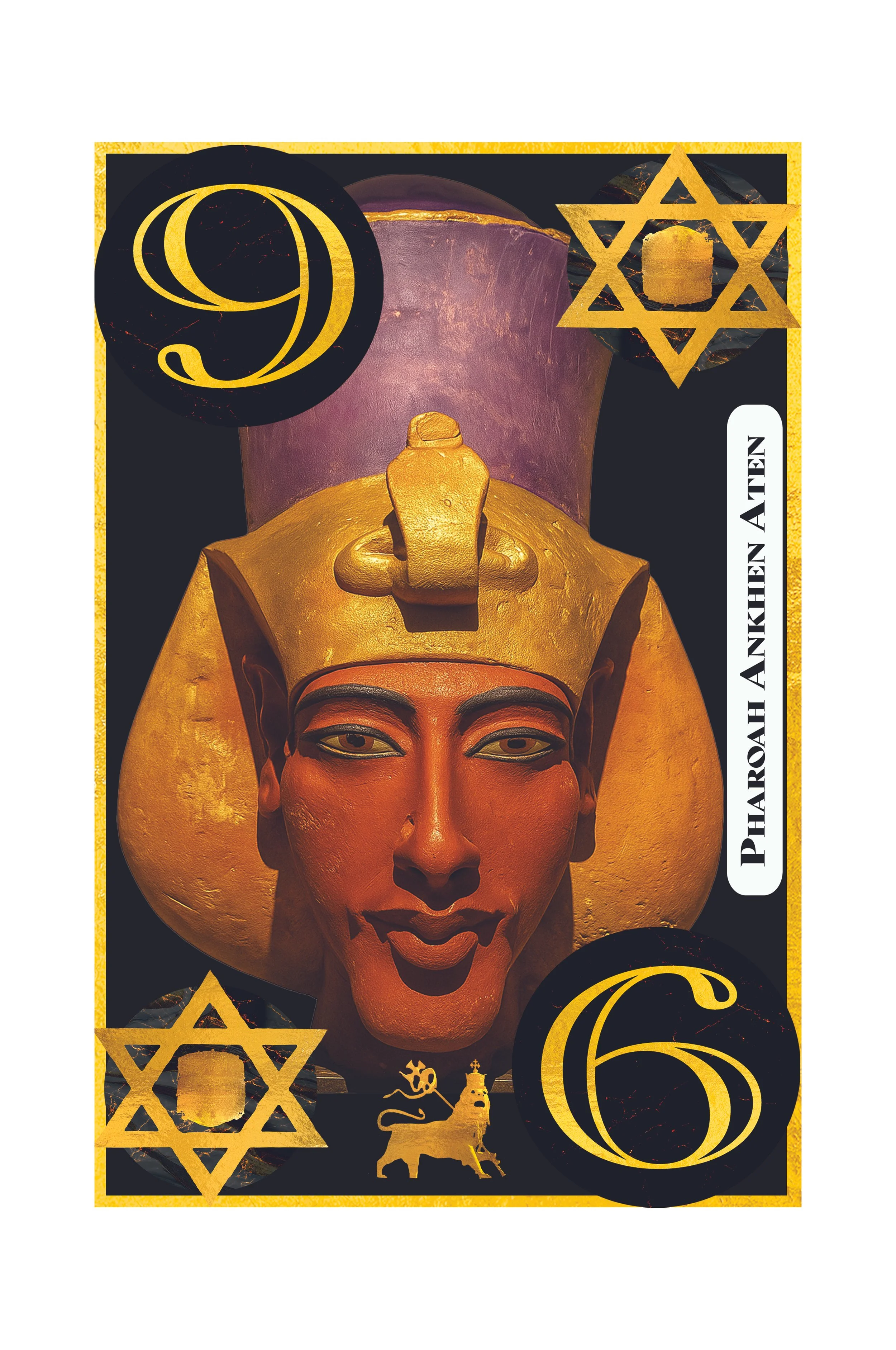 A tarot card featuring a golden Egyptian queen's face with a headdress, surrounded by gold and black Star of David symbols and the number six in gold.