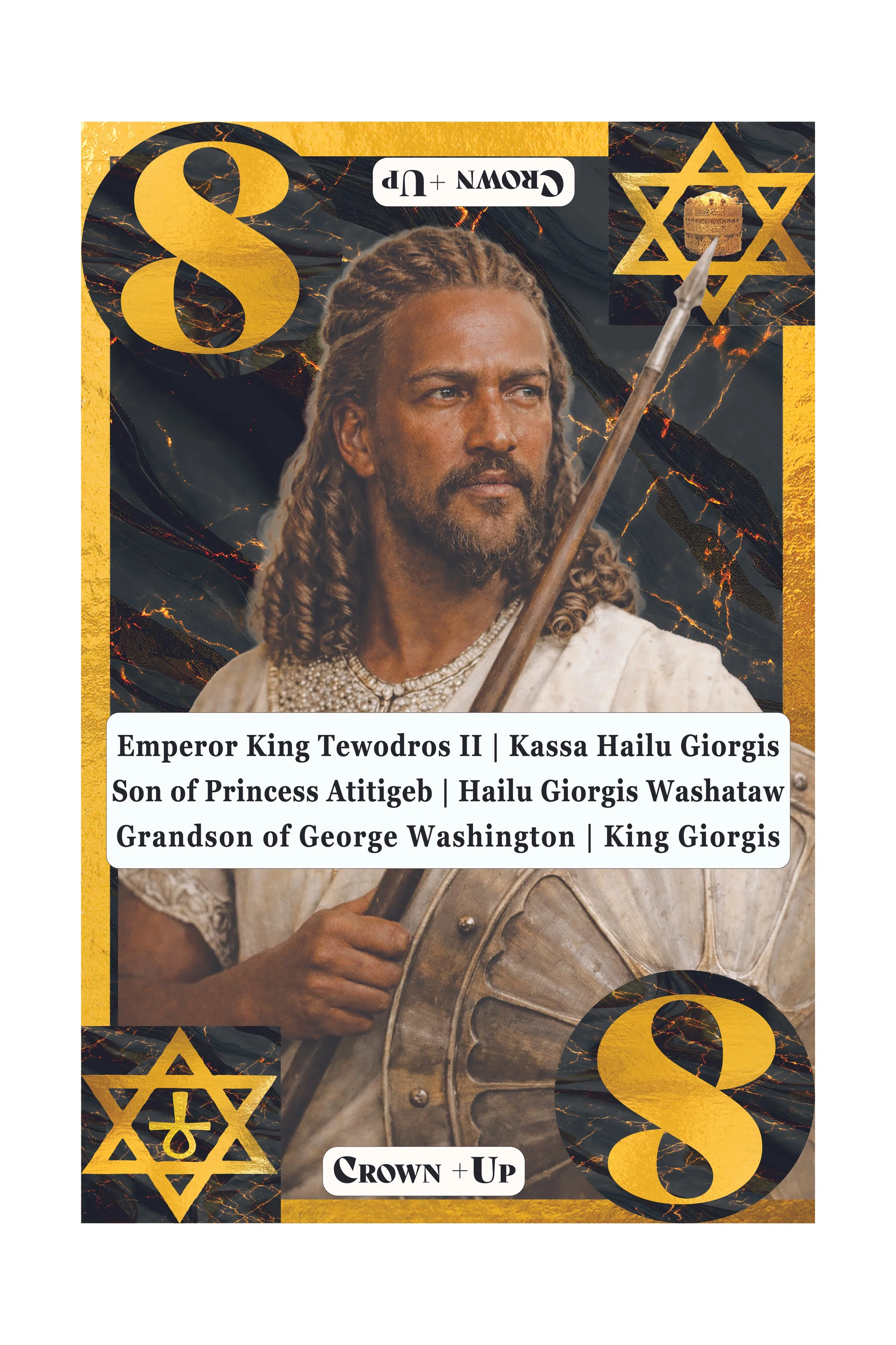 Decorative card featuring a regal man with long hair, a beard, wearing armor and holding a shield, with gold and black background design and Star of David symbols. Includes titles 'Grown + Up' and 'Crown + Up' and descriptive text about Emperor King 