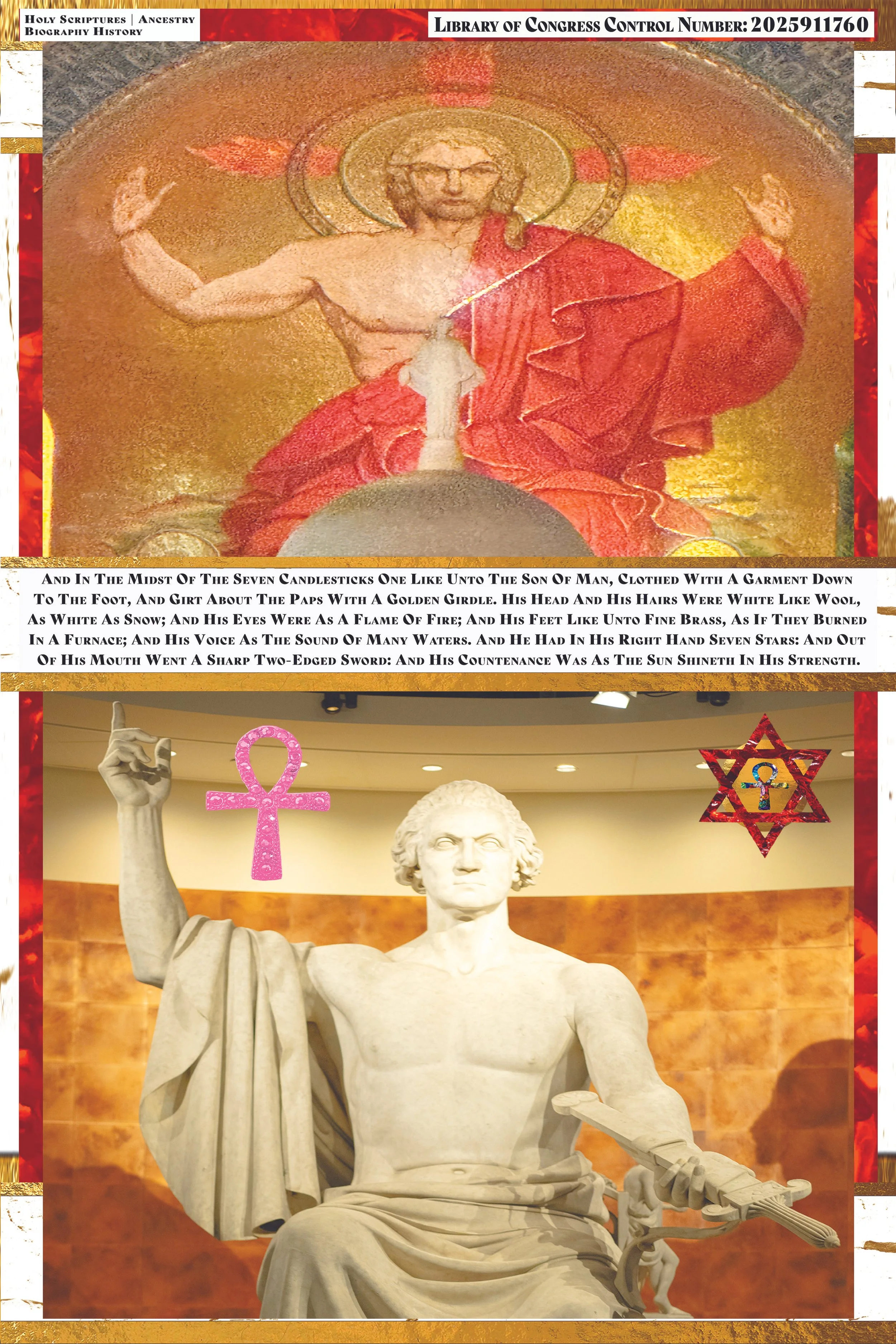 A white marble statue of a seated man holding a guitar in his lap, with his right hand raised. The statue's head is slightly turned to the left. Behind the statue, there is a red background with a Star of David and an ankh symbol hanging in front of 