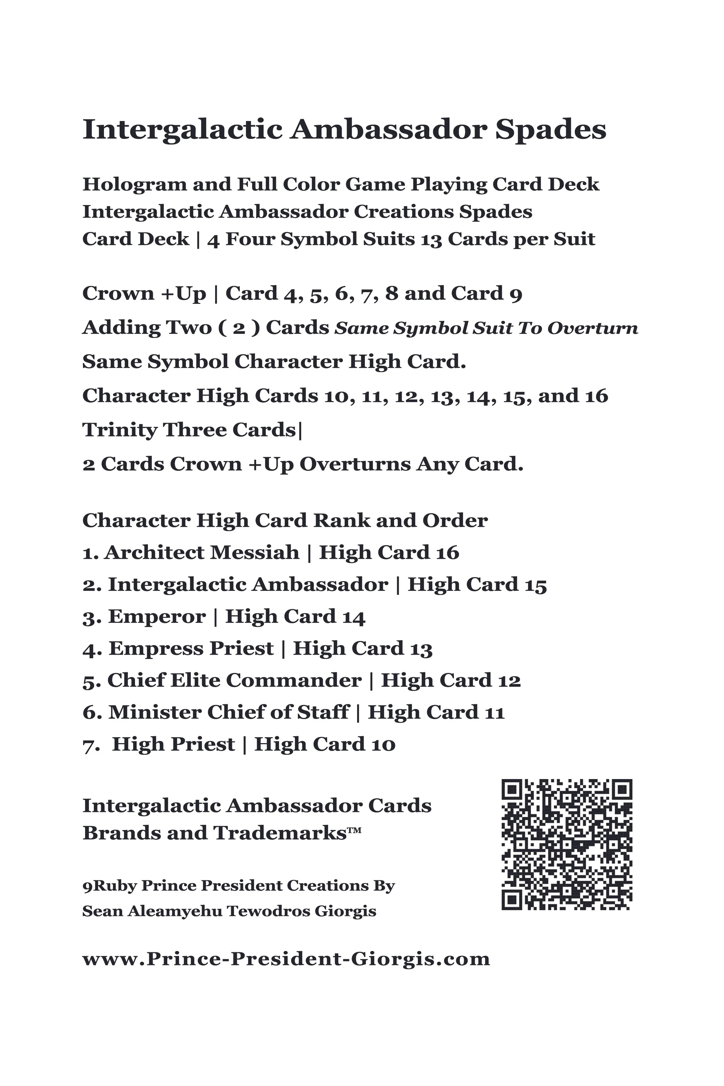 A document detailing intergalactic ambassador playing cards, including card suits, ranks, and descriptions of card features such as holograms, full-color designs, and QR code.