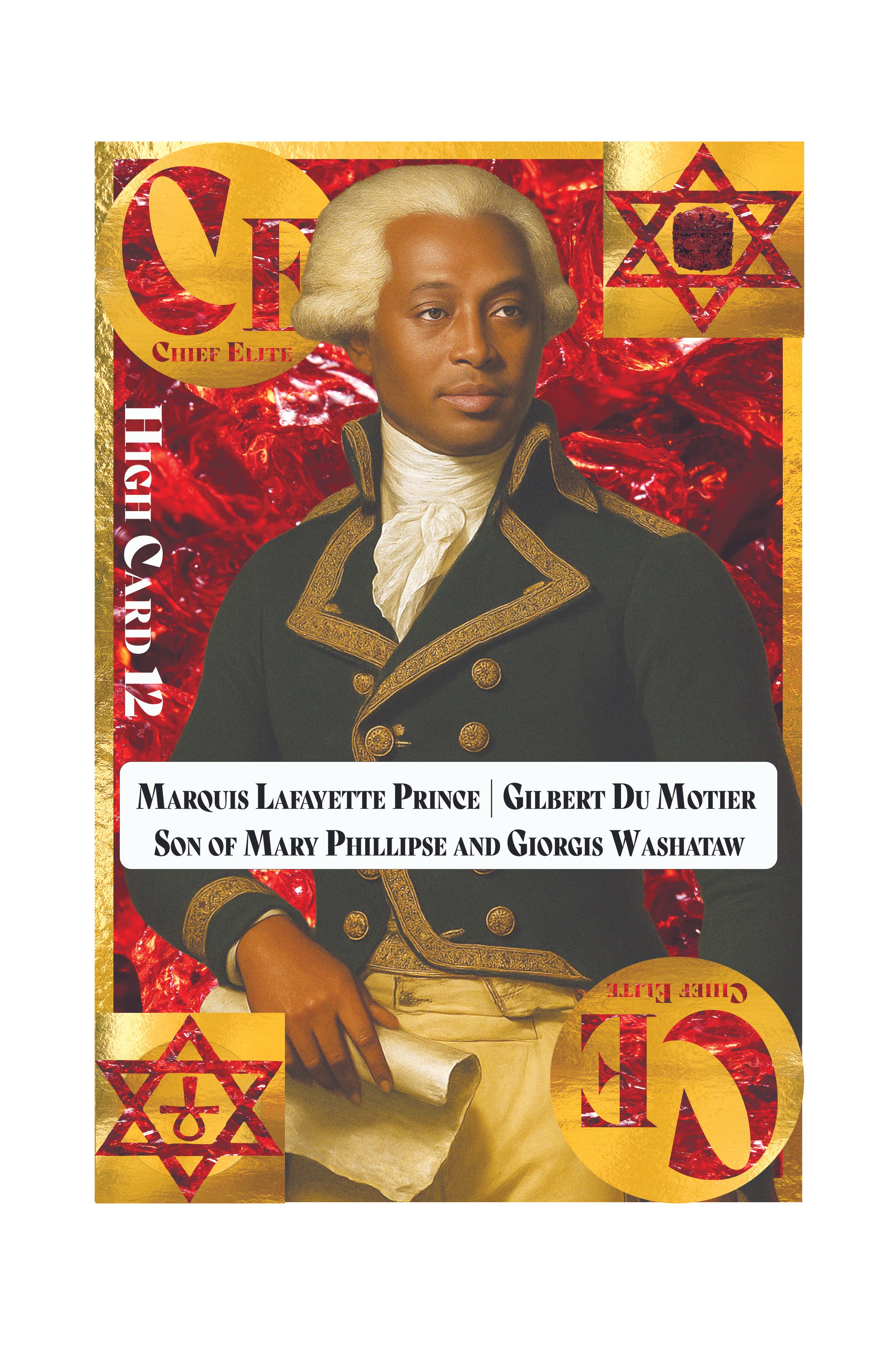 Historical figure in military uniform with a powdered wig, holding a rolled document, against a red background with gold and red star symbols and the text 'Chief Elite' and 'Q12'.