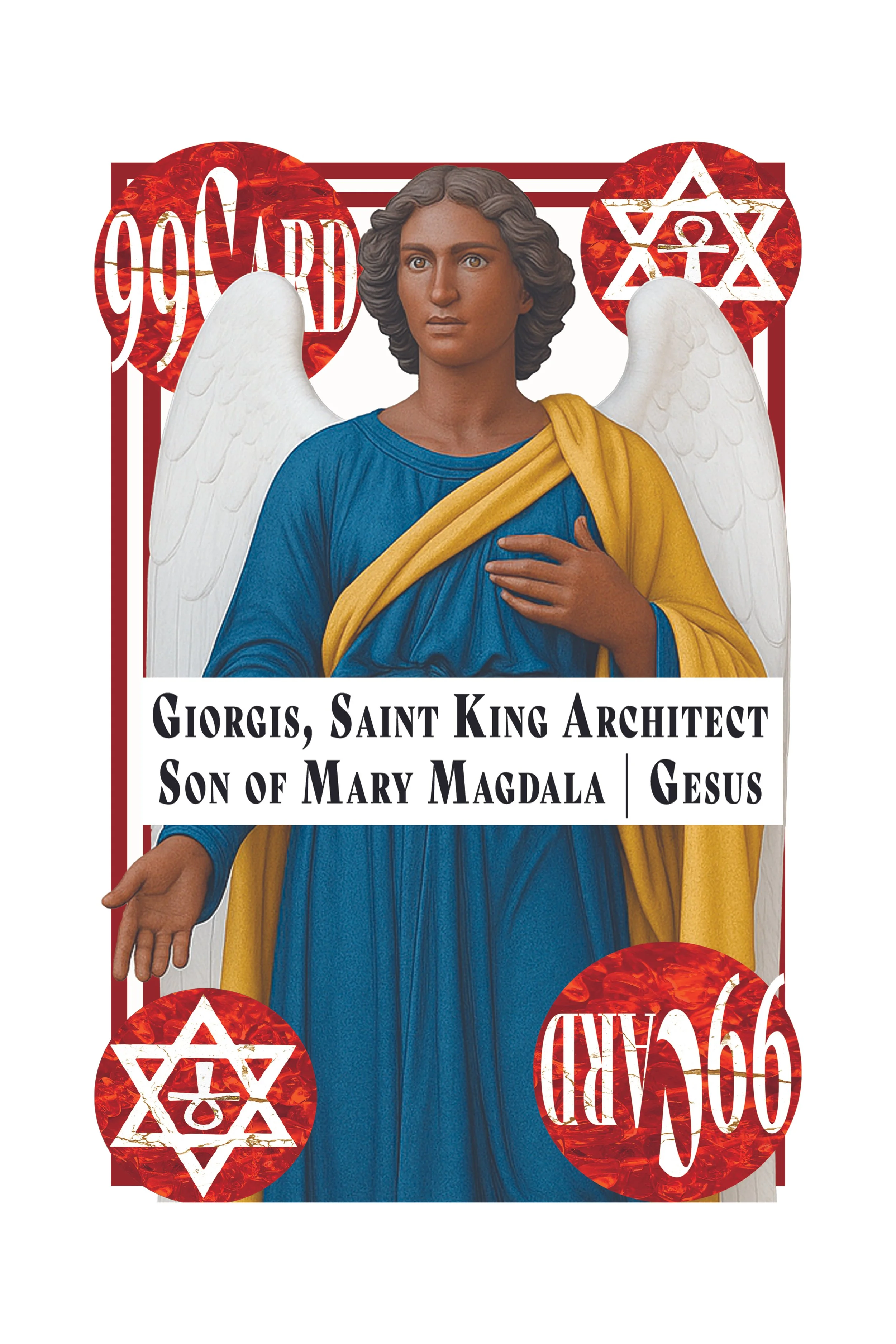 Religious poster featuring a statue of Saint Gabriel with white wings, dressed in blue and yellow robes, with religious symbols and the words 'Giorgis, Saint King Architect Son of Mary Magdala, Jesus'.
