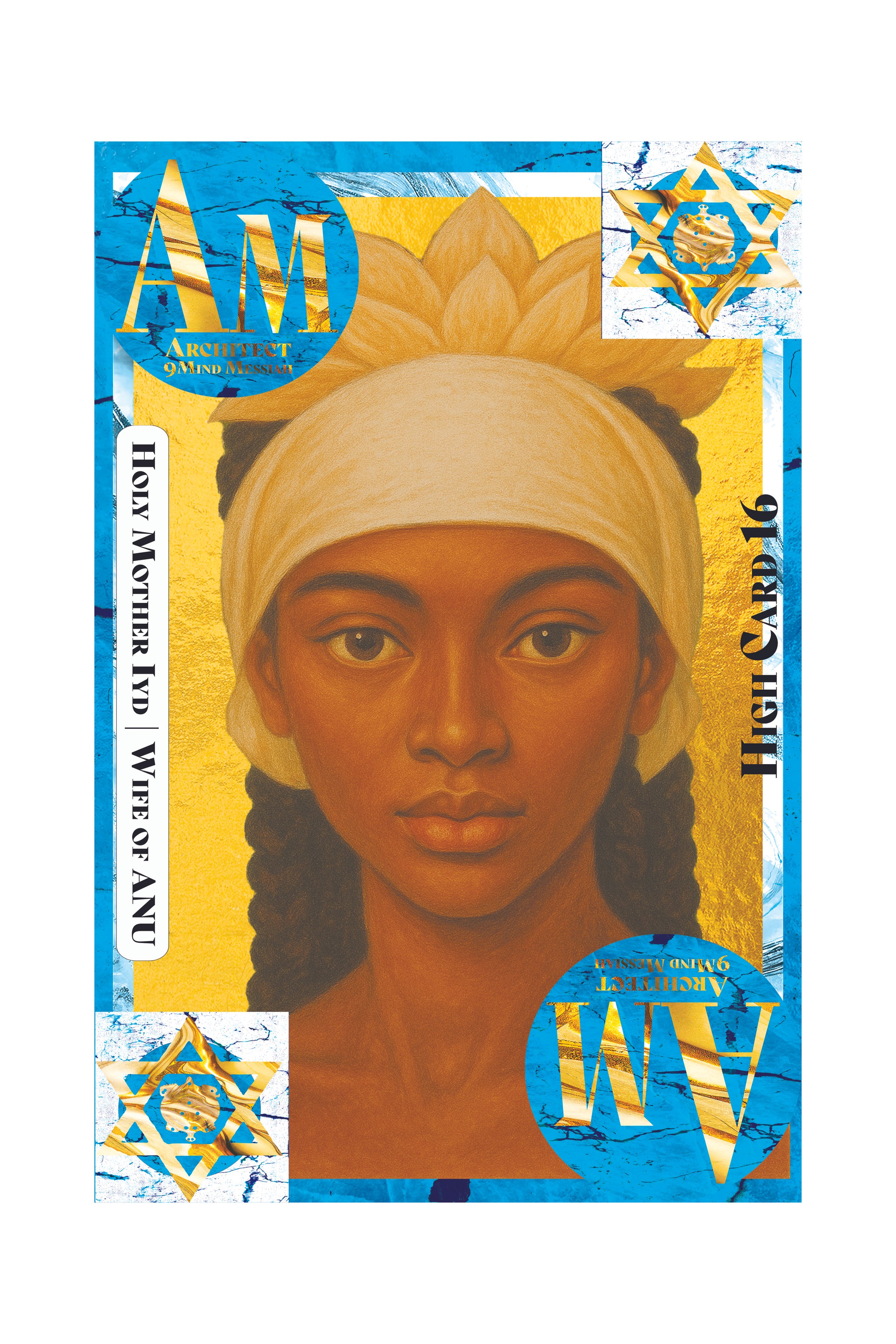 A poster featuring a woman's portrait with dark skin and curly hair, wearing a beige headband. The background is yellow with blue marble accents, and there are star-shaped symbols with gold and blue design elements.