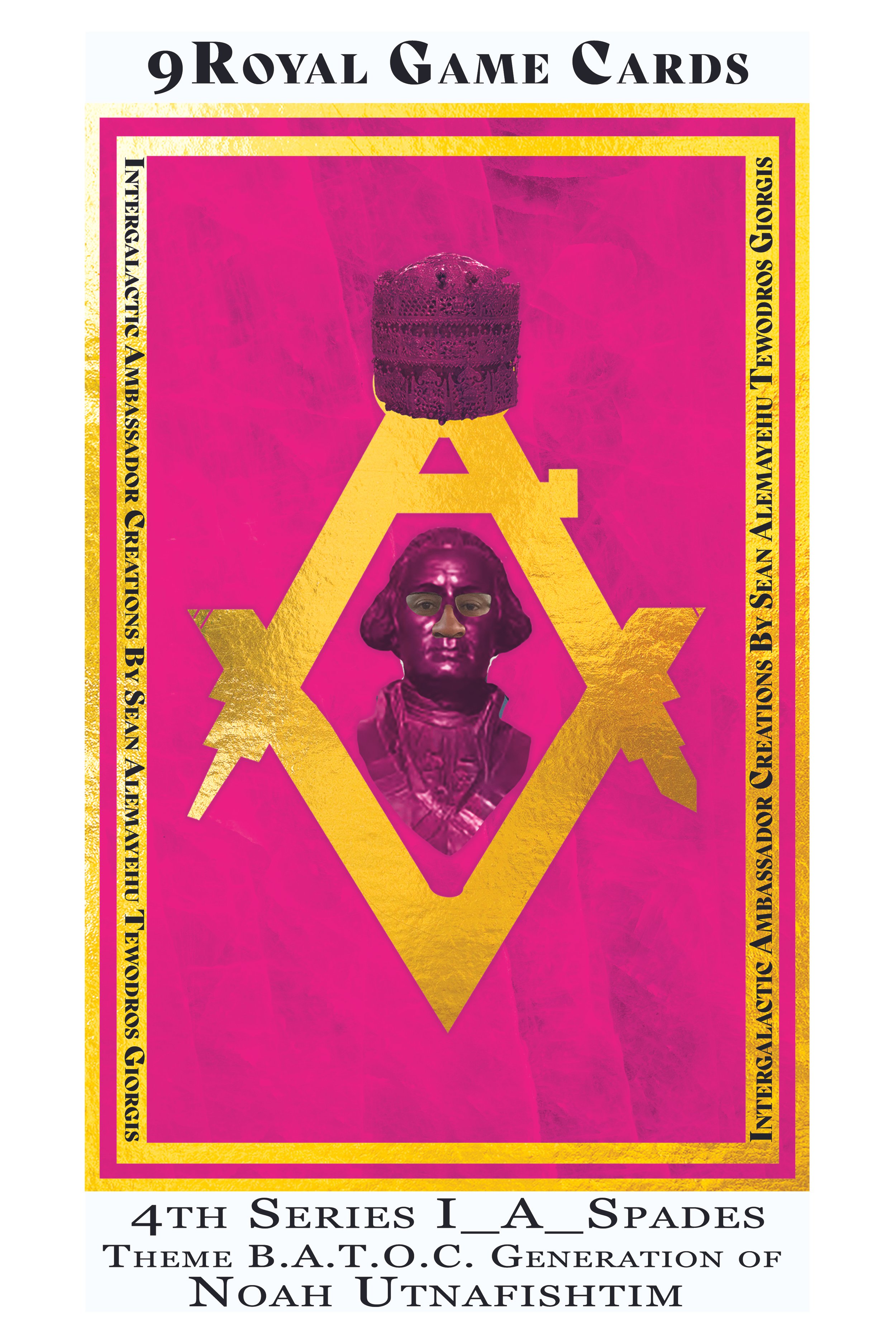 Vintage playing cards with a purple Queen Elizabeth II bust and a crown on a pink background, framed with yellow and pink borders.