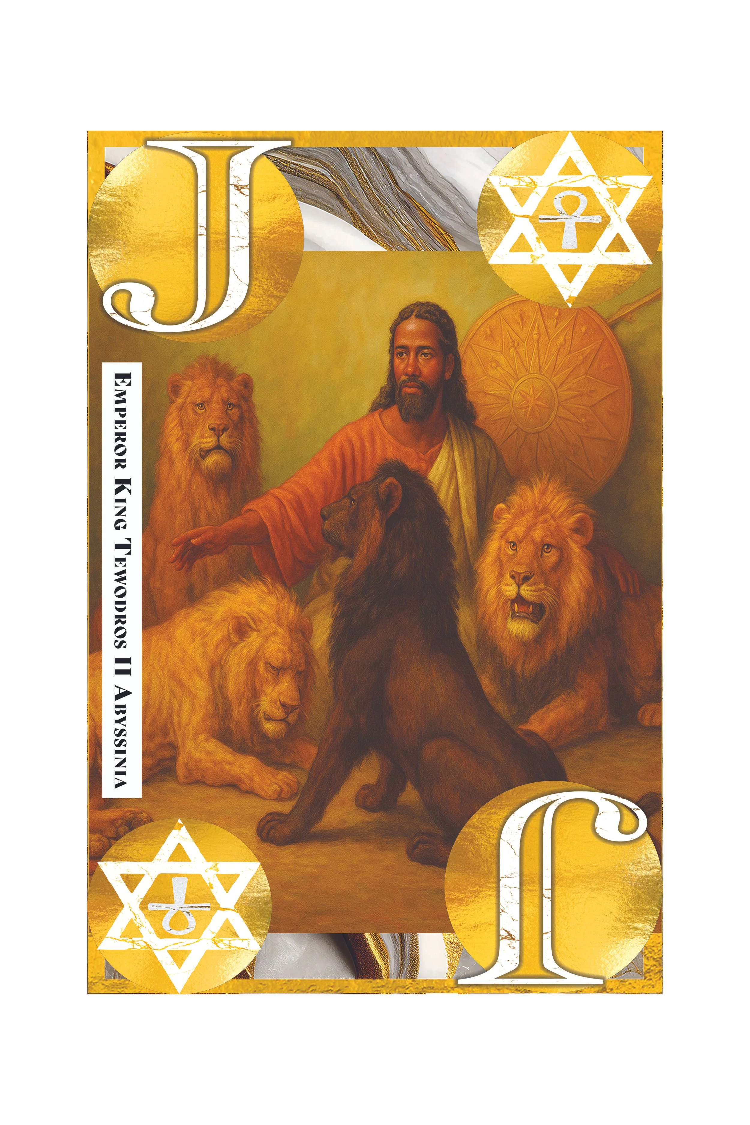 A portrait of Jesus Christ with a beard, surrounded by lions, and symbols including stars and a shield, with gold decorative elements.